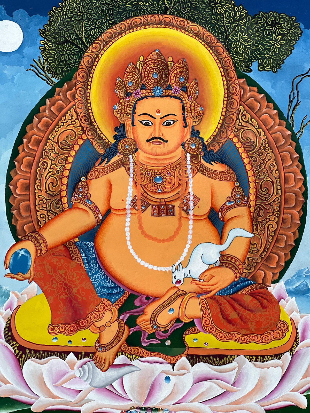 Kubera Thangka Painting with Silk Brocade, God of Wealth