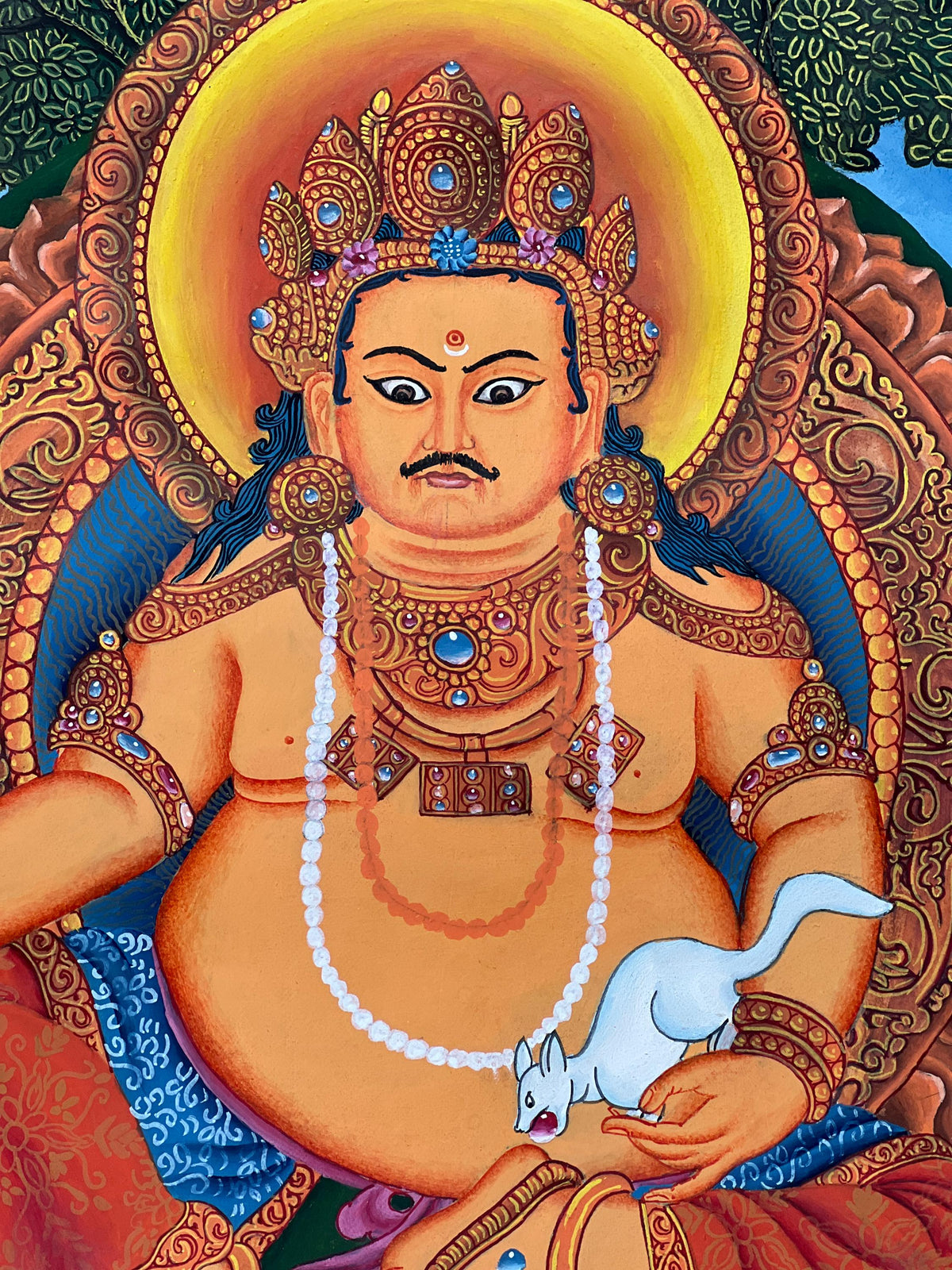 Kubera Thangka Painting with Silk Brocade, God of Wealth