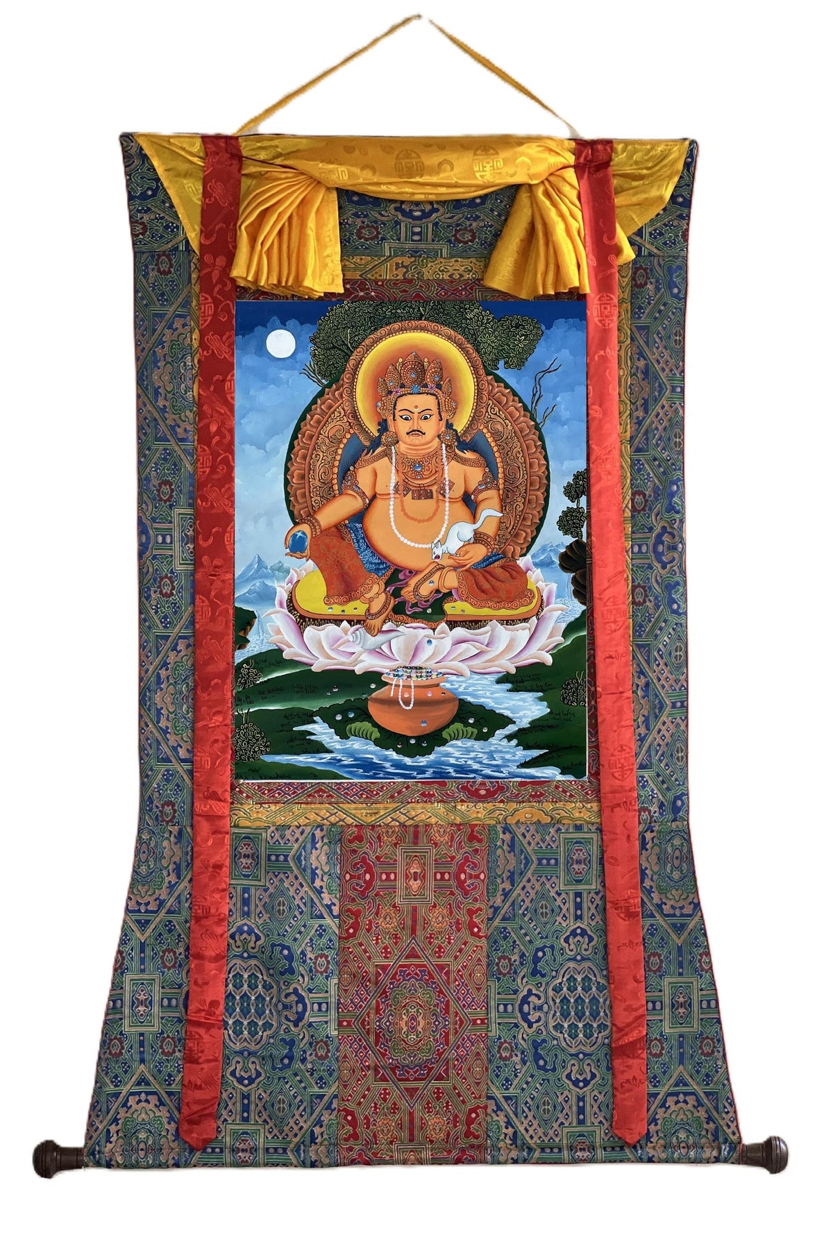 Kubera Thangka Painting with Silk Brocade, God of Wealth