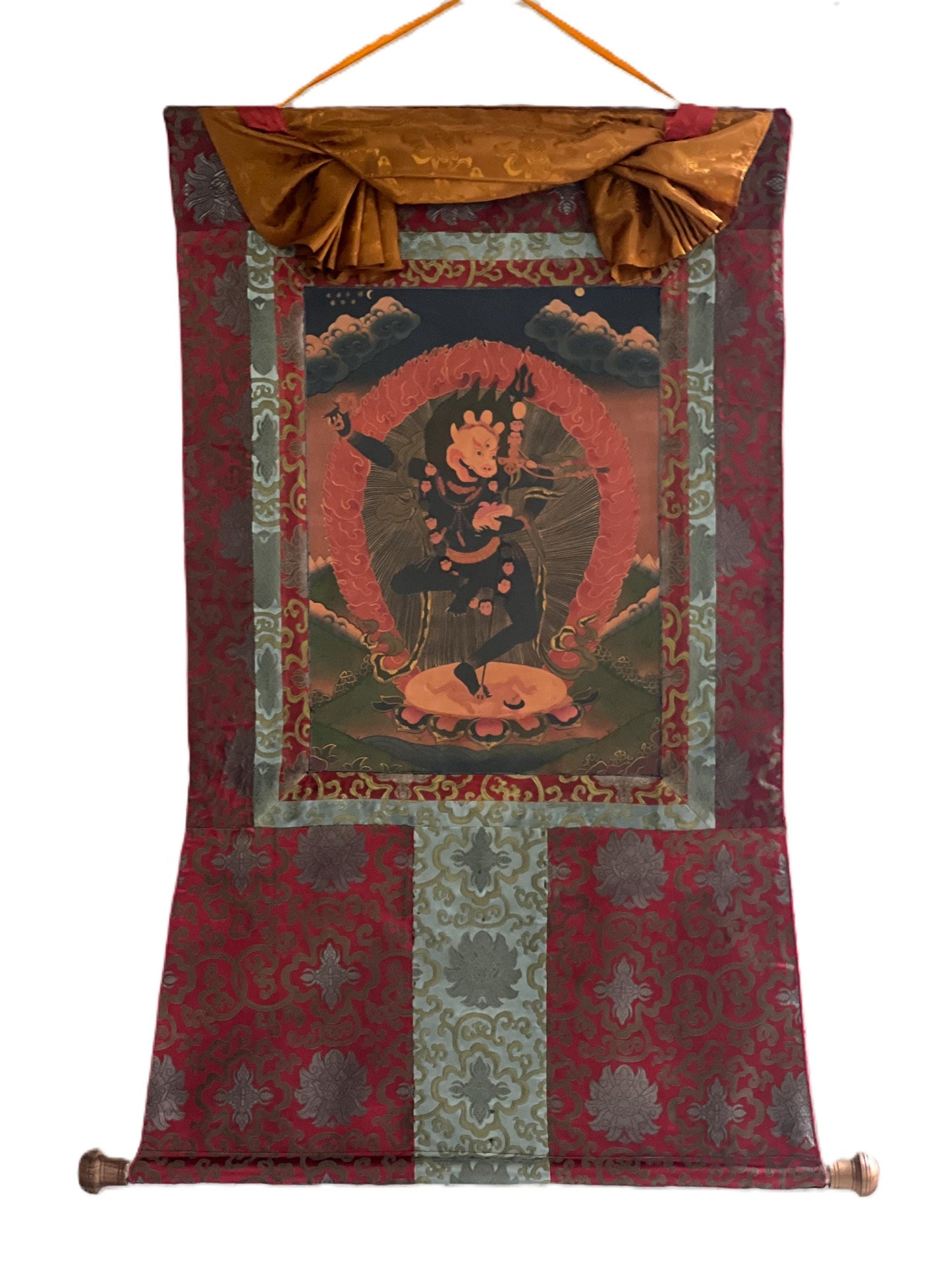 Hand-Painted Lion Face Dakini Thangka Painting with Silk Brocade
