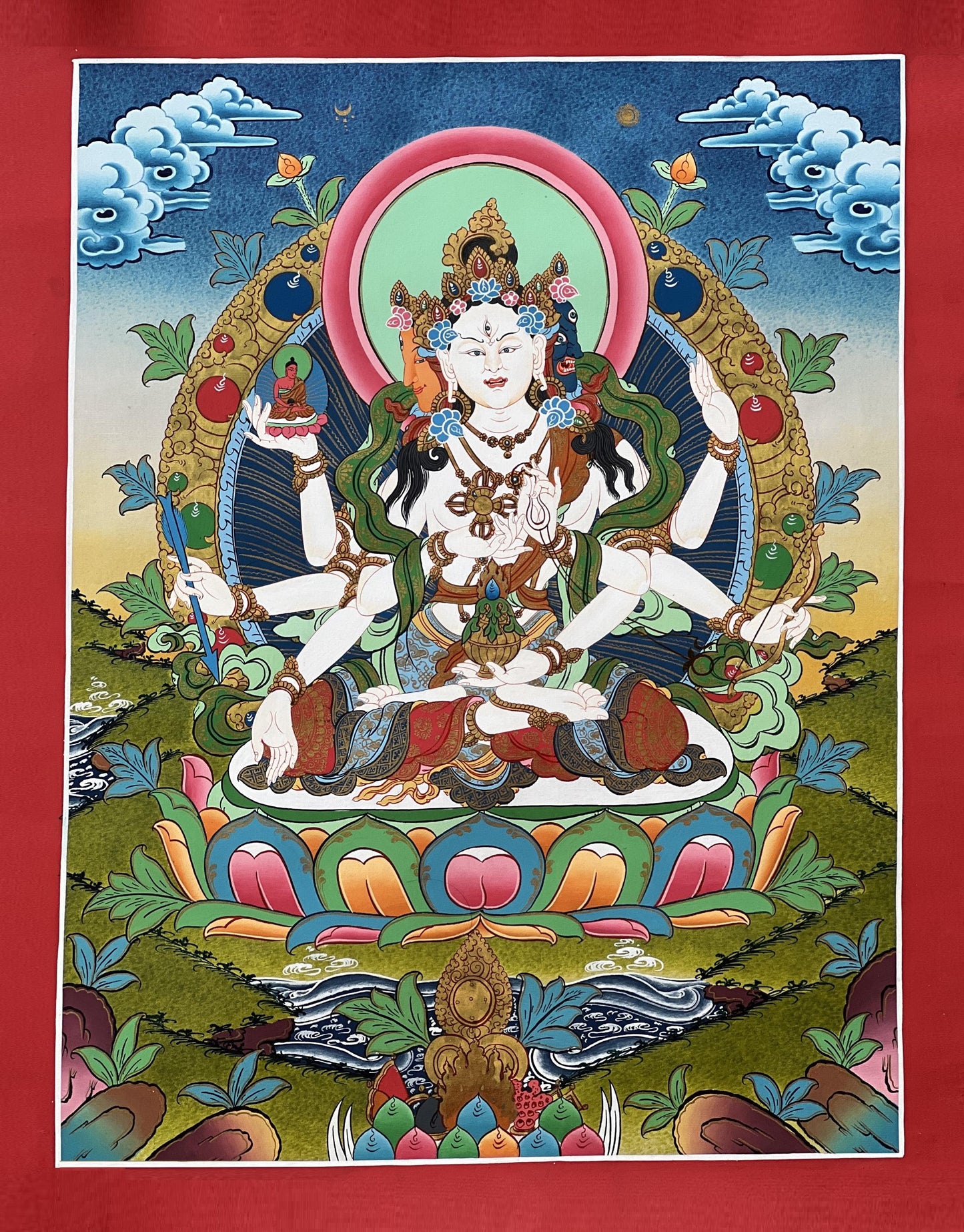 Namgyalma Thangka | Hand-Painted Long Life Goddess Tibetan Art with Silk Brocade