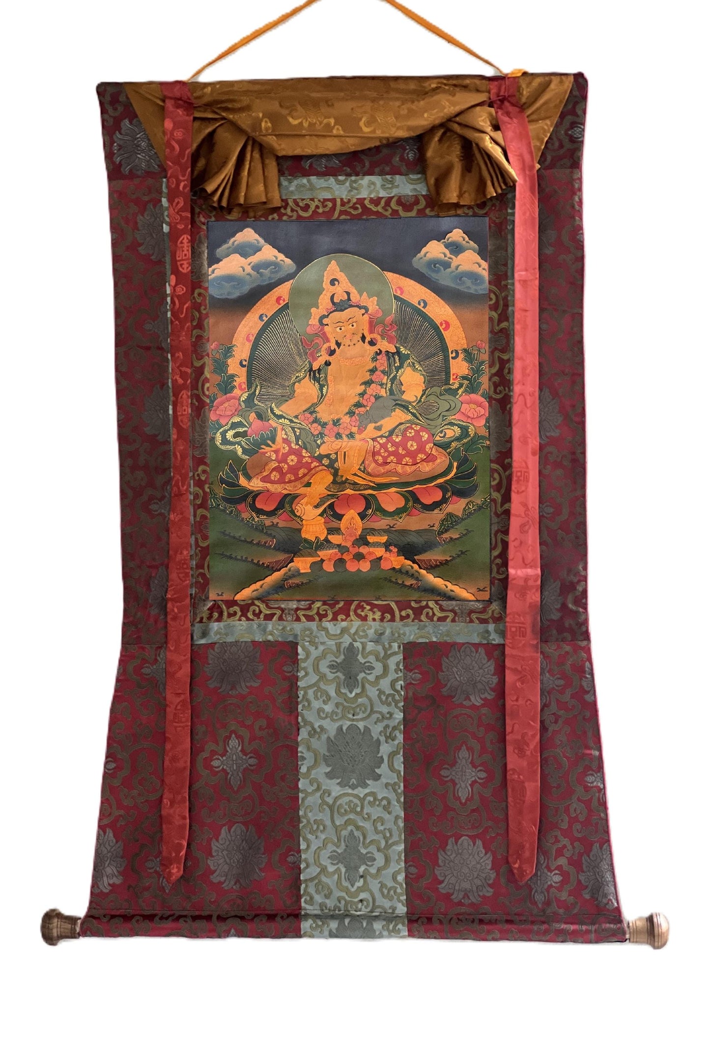 Hand-Painted Kubera Thangka – Tibetan God of Wealth, Oil on Canvas