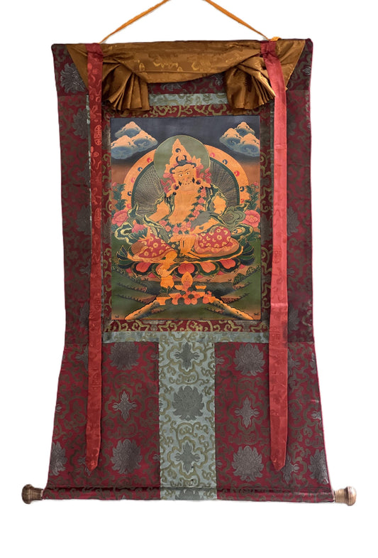 Hand-Painted Kubera Thangka – Tibetan God of Wealth, Oil on Canvas
