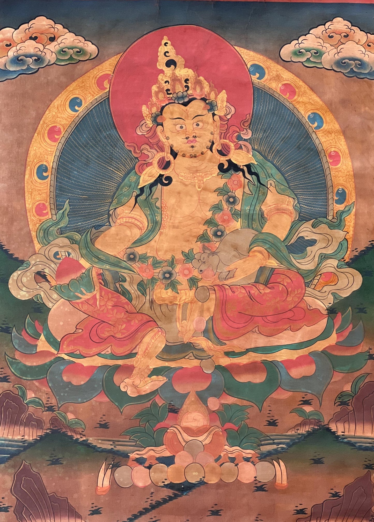 Hand-Painted Kubera Thangka, Tibetan God of Wealth Painting, OIL- VARNISHED