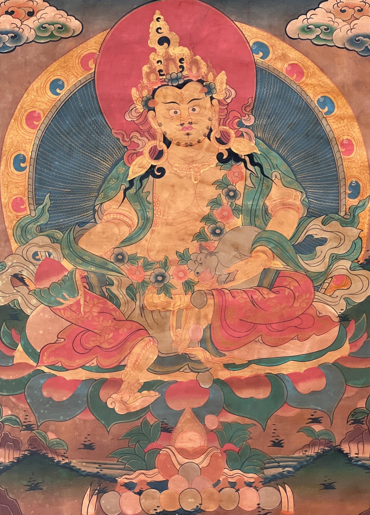 Hand-Painted Kubera Thangka, Tibetan God of Wealth Painting, OIL- VARNISHED