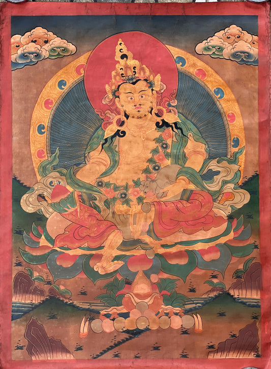 Hand-Painted Kubera Thangka, Tibetan God of Wealth Painting, OIL- VARNISHED