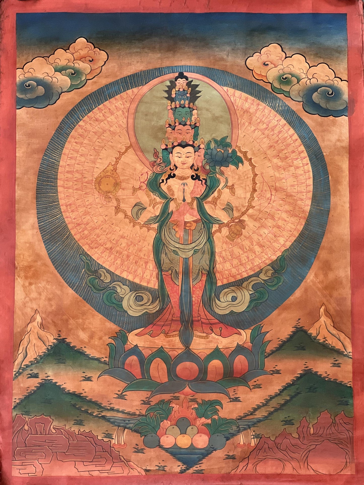 Thousand-Armed Avalokiteshvara Thangka | Hand-Painted Chenrezig Compassion Art with Silk Brocade