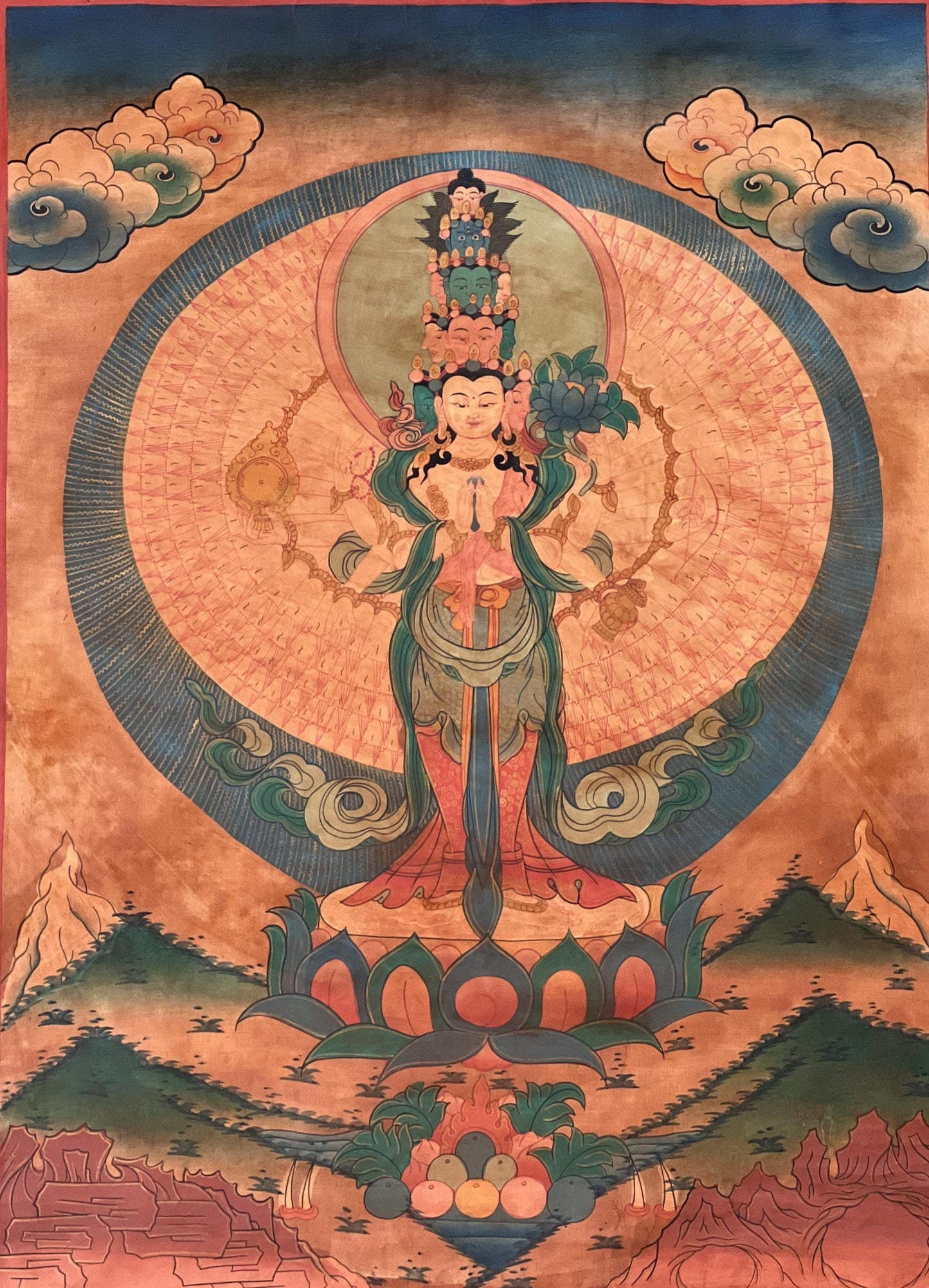 Thousand-Armed Avalokiteshvara Thangka | Hand-Painted Chenrezig Compassion Art with Silk Brocade