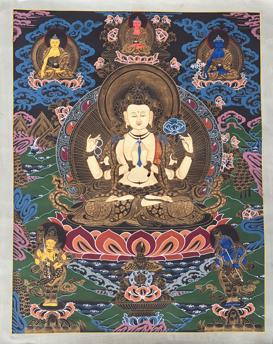 Hand-Painted Avalokiteshvara Thangka – Tibetan Buddha Art