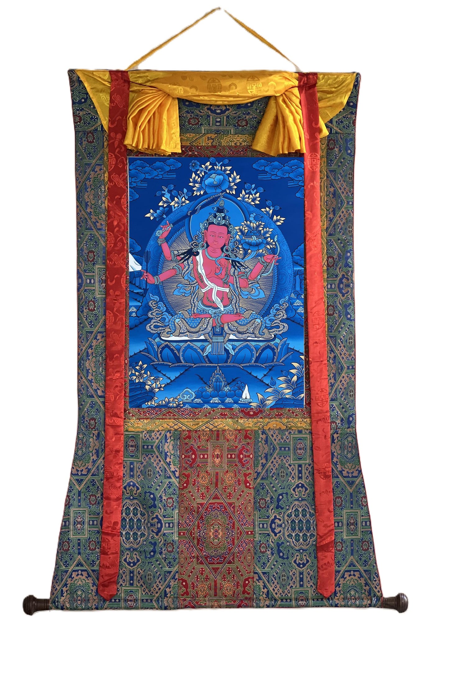 Hand-Painted Red Manjushri Thangka Painting with Silk Brocade