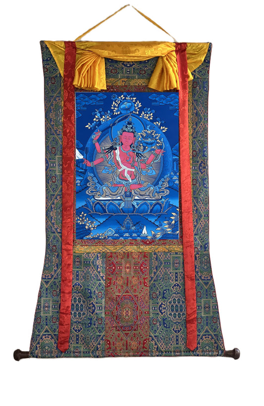 Hand-Painted Red Manjushri Thangka Painting with Silk Brocade