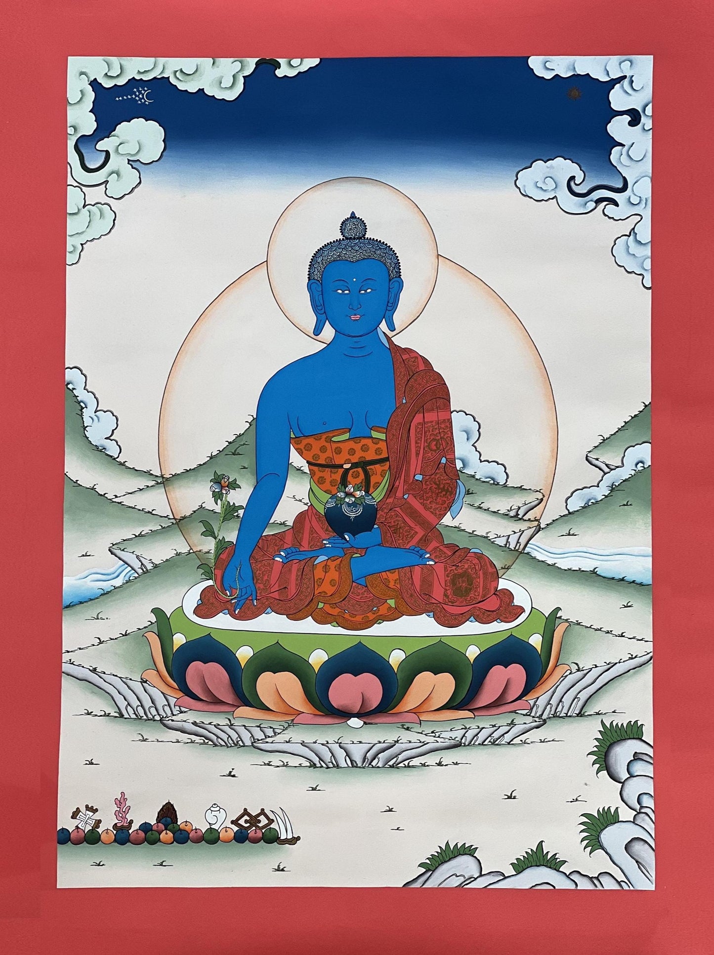 Hand-Painted Medicine Buddha Thangka Painting, Tibetan Healing Art