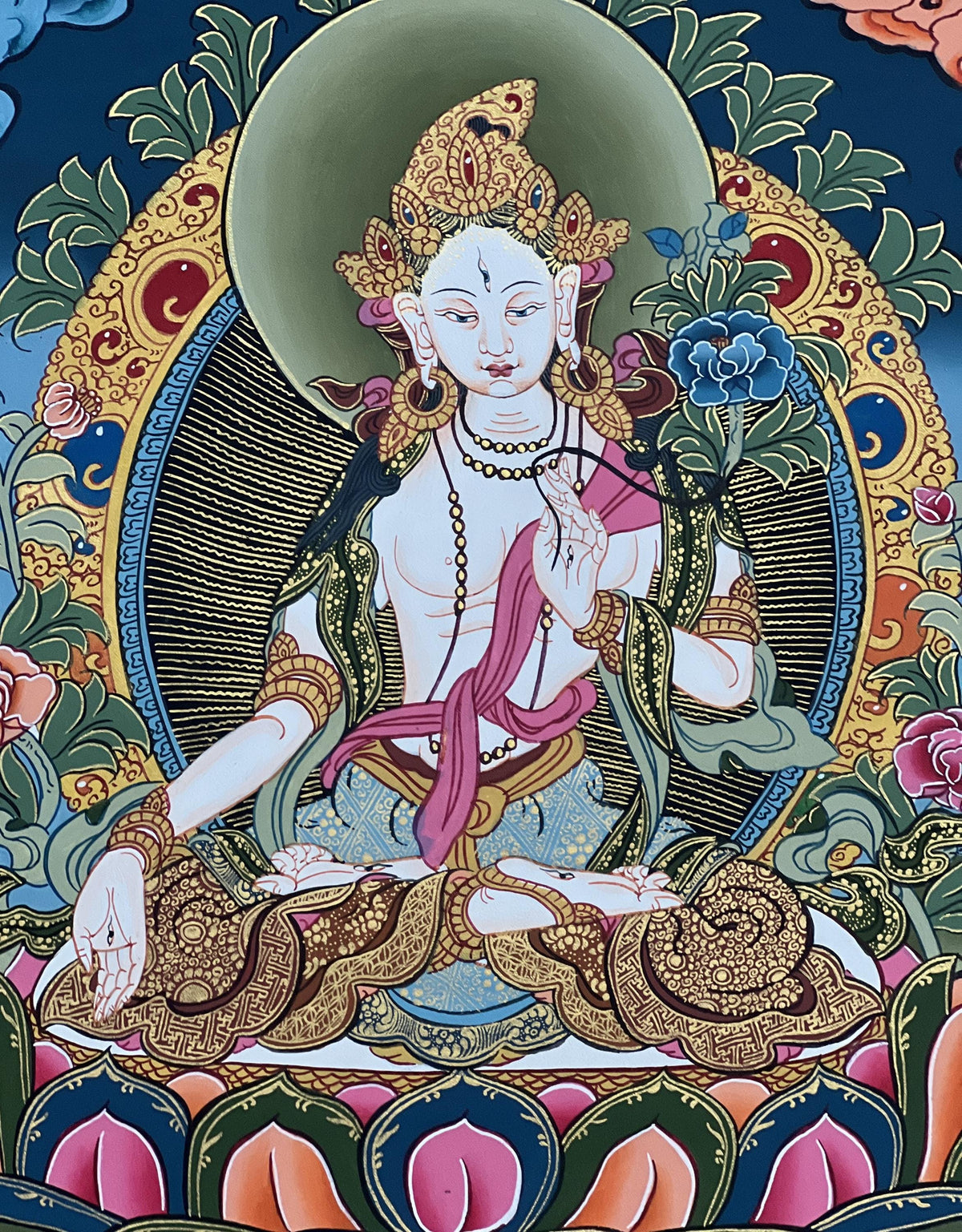White Tara Thangka Painting with Silk Brocade, Tibetan Meditation Art