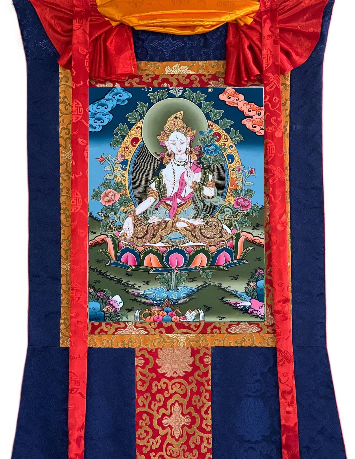 White Tara Thangka Painting with Silk Brocade, Tibetan Meditation Art