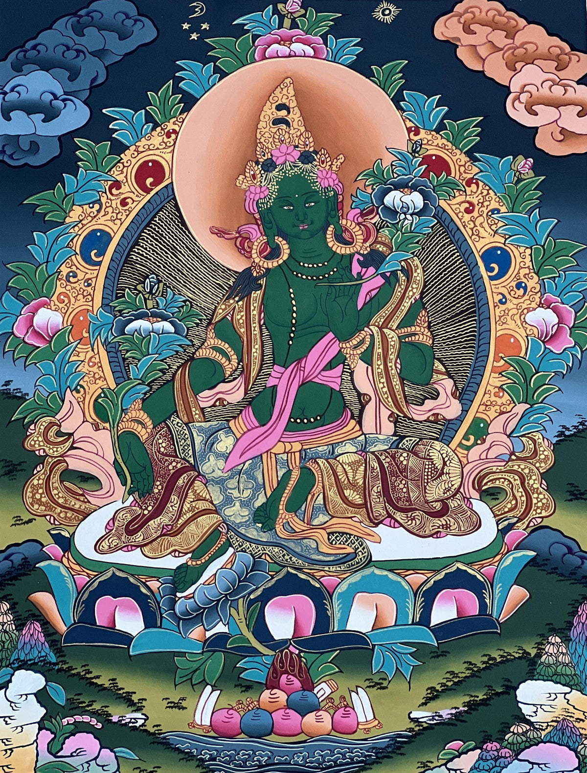 Green Tara Thangka Painting: Original Buddhist Art with Silk Brocade
