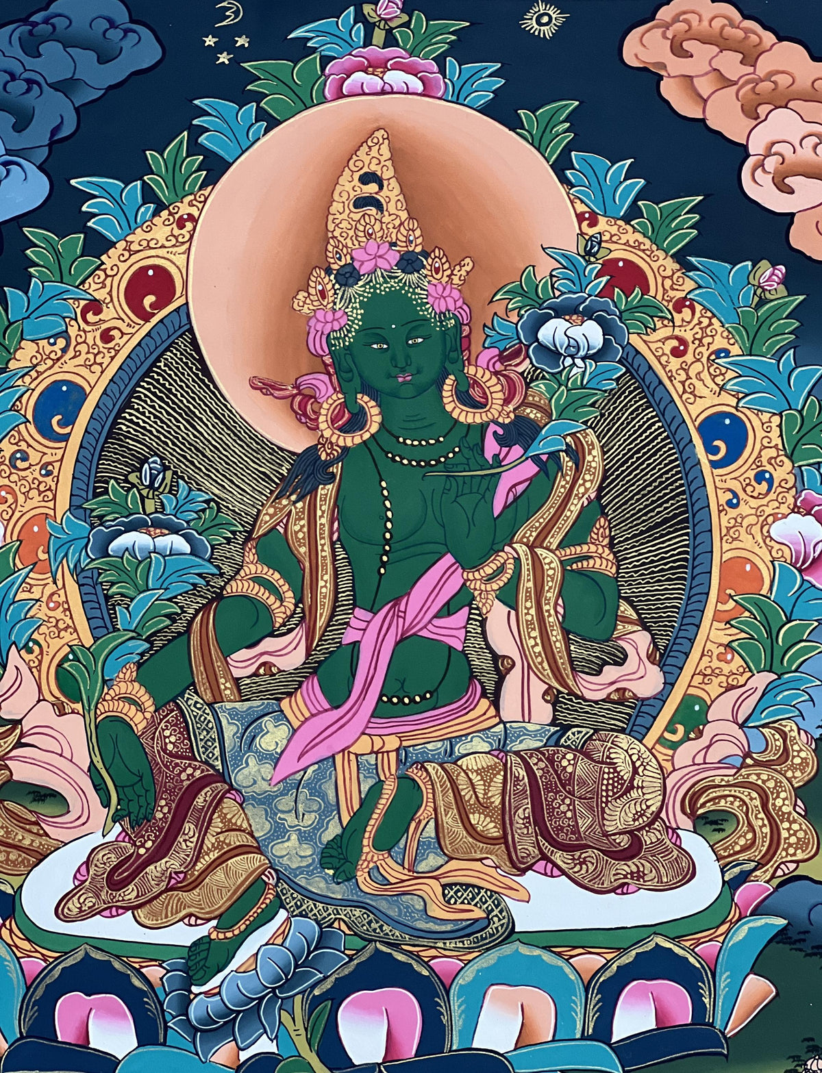 Green Tara Thangka Painting: Original Buddhist Art with Silk Brocade