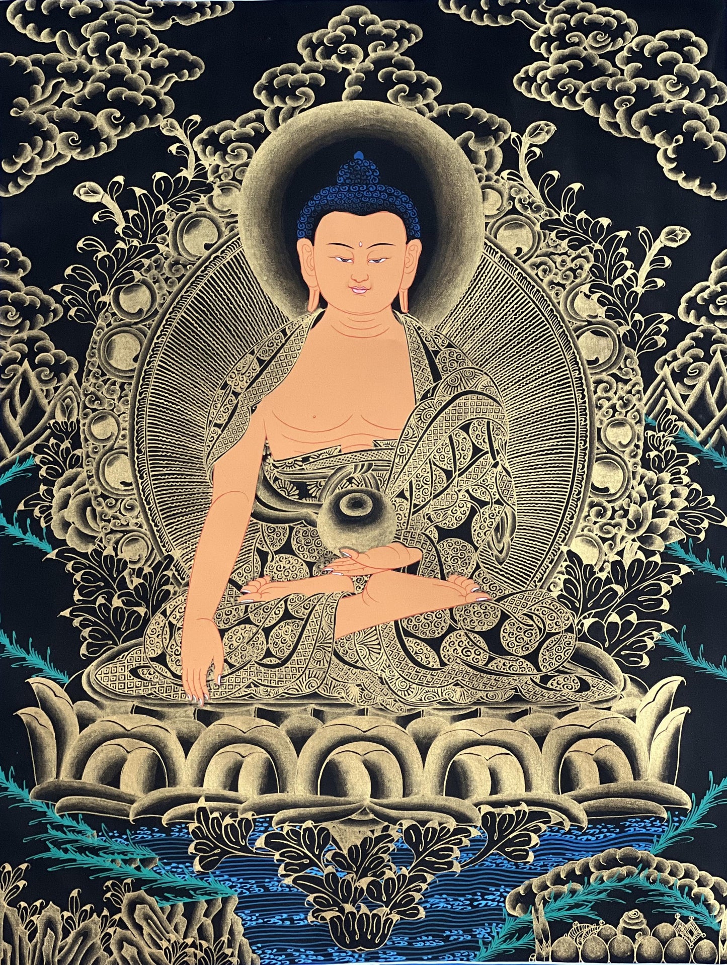Hand-Painted Shakyamuni Buddha Thangka with Silk Brocade
