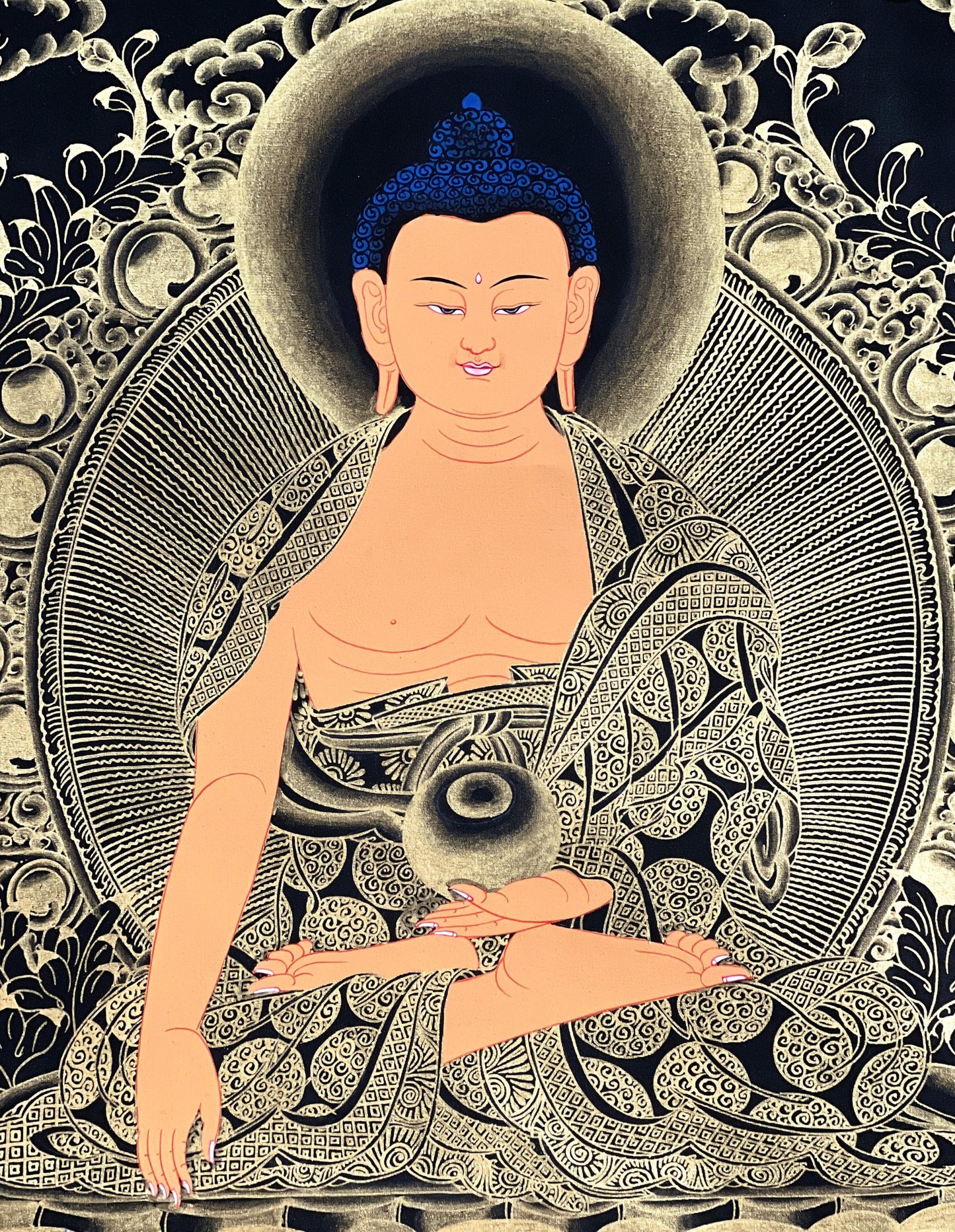 Hand-Painted Shakyamuni Buddha Thangka with Silk Brocade