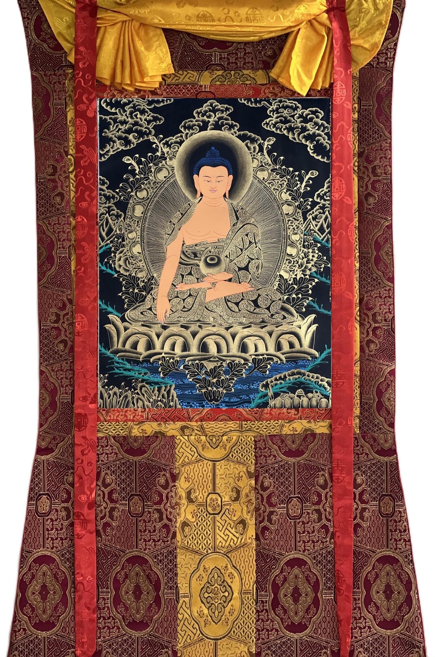 Hand-Painted Shakyamuni Buddha Thangka with Silk Brocade