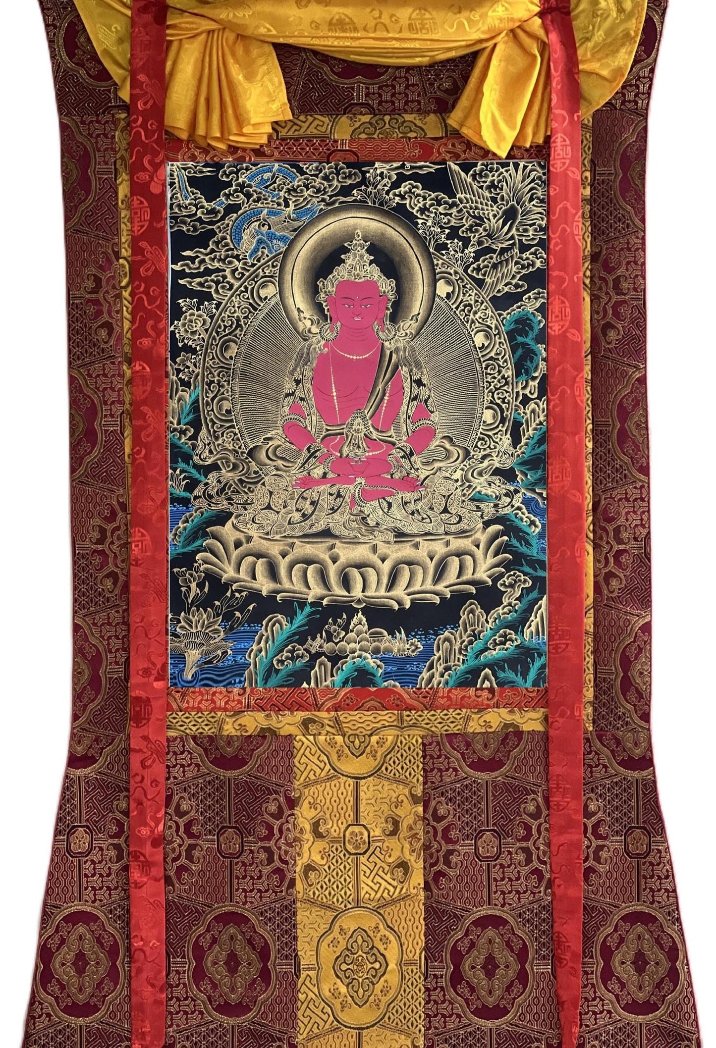 Hand-Painted Buddha Amitayus Thangka with Silk Brocade