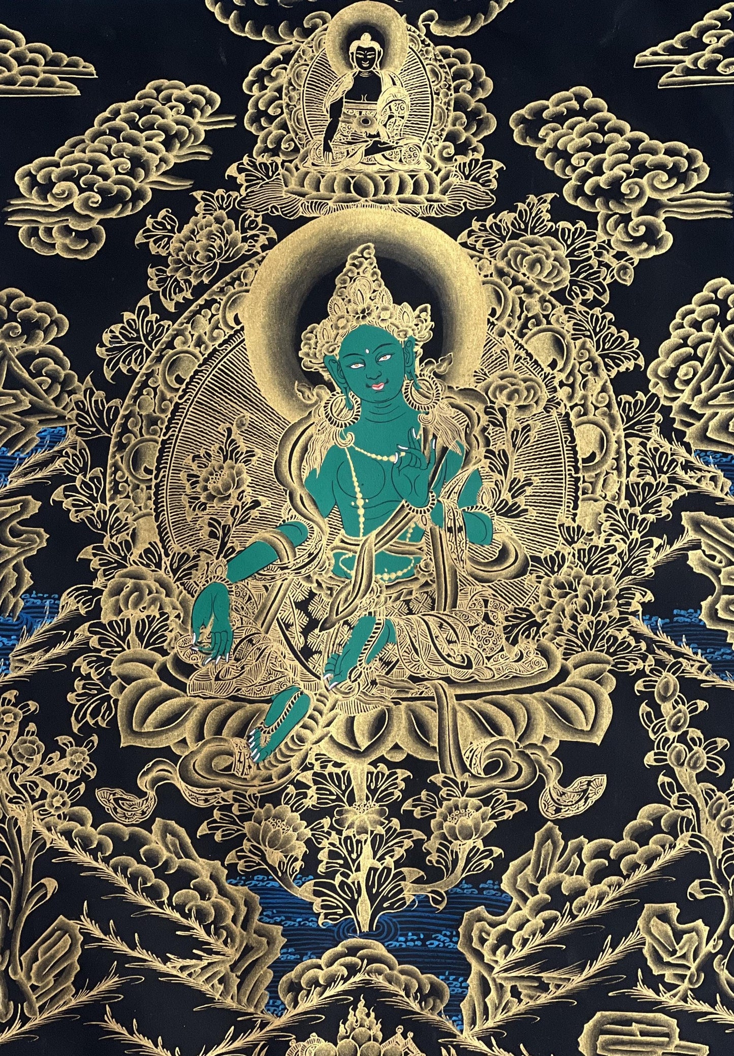 Green Tara Thangka Painting: Hand-Painted Tibetan Silk Brocade