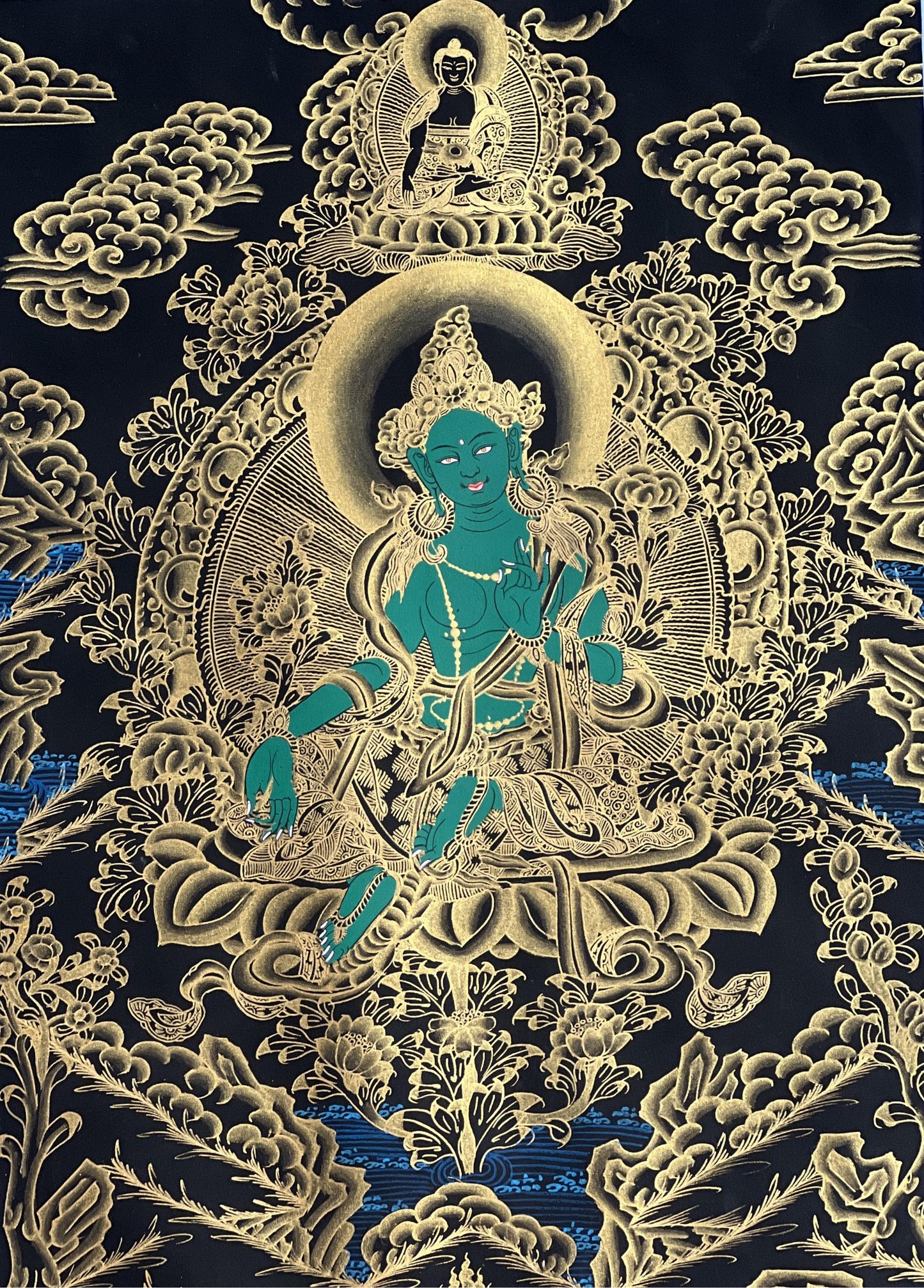 Green Tara Thangka Painting: Hand-Painted Tibetan Silk Brocade