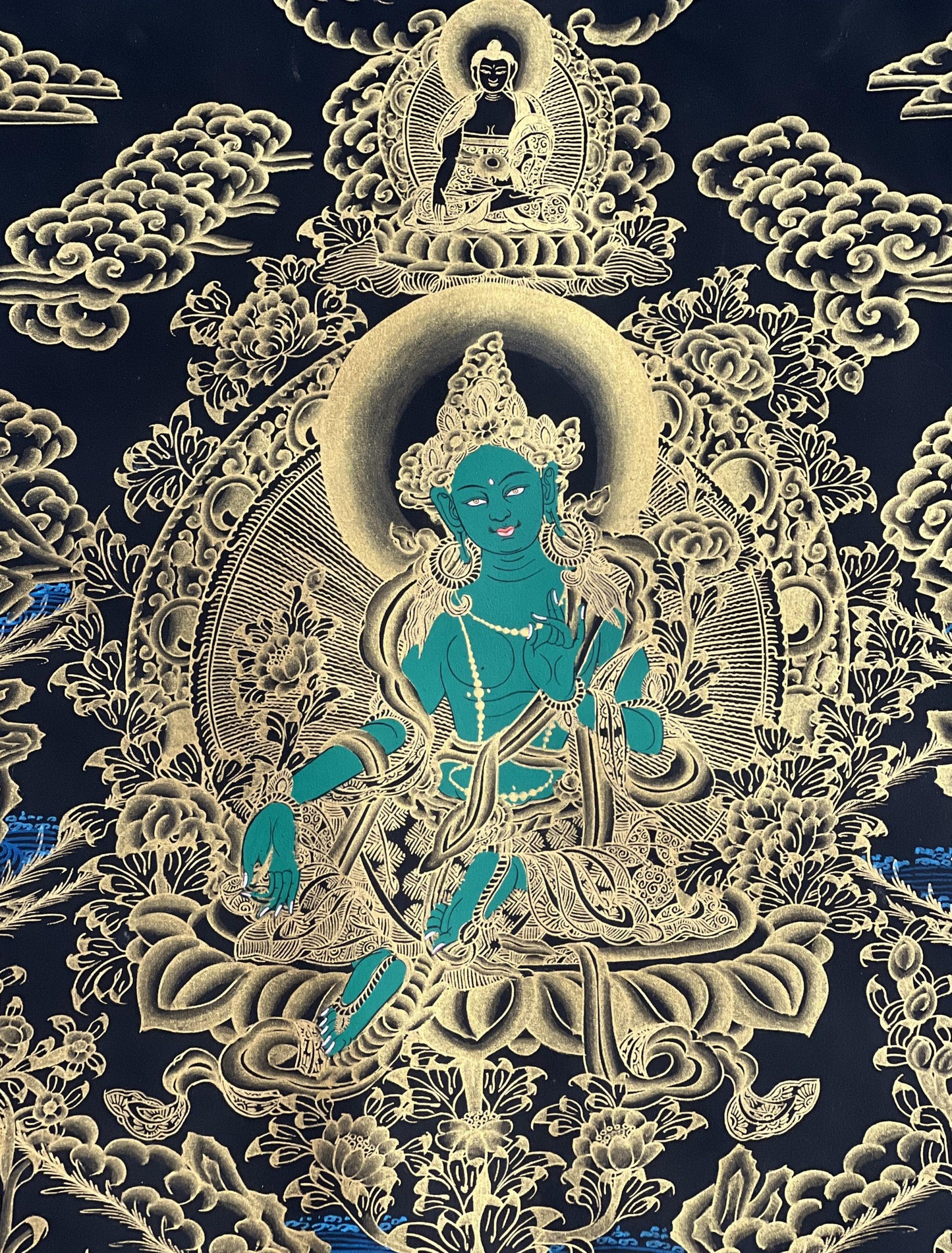 Green Tara Thangka Painting: Hand-Painted Tibetan Silk Brocade