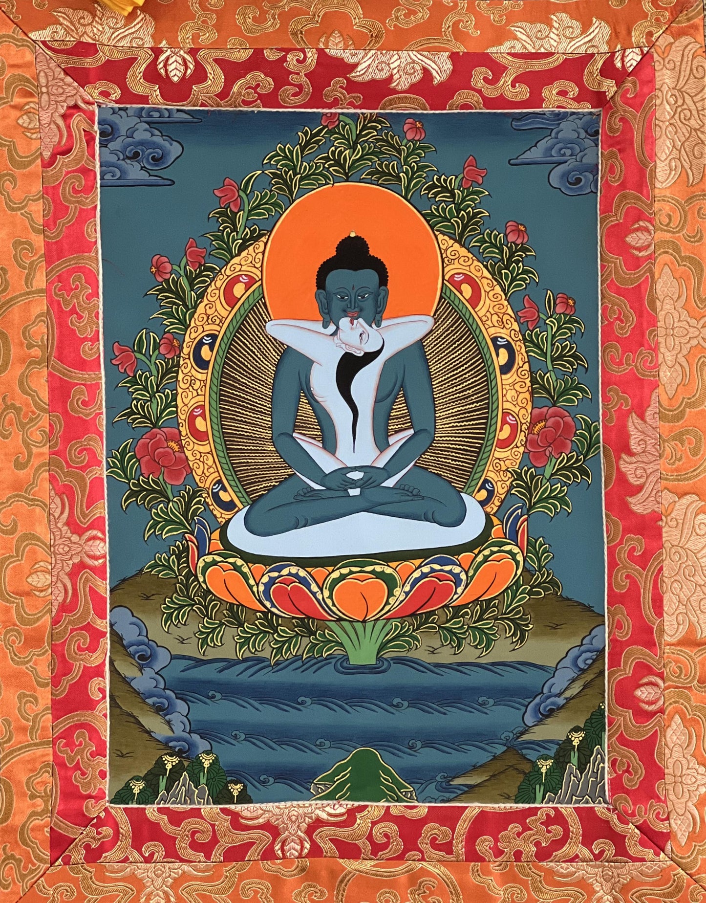 Original Hand-painted Samantabhadra/ Buddha Shakti/ Tantric Buddha Tibetan Thangka Painting With Silk Brocade
