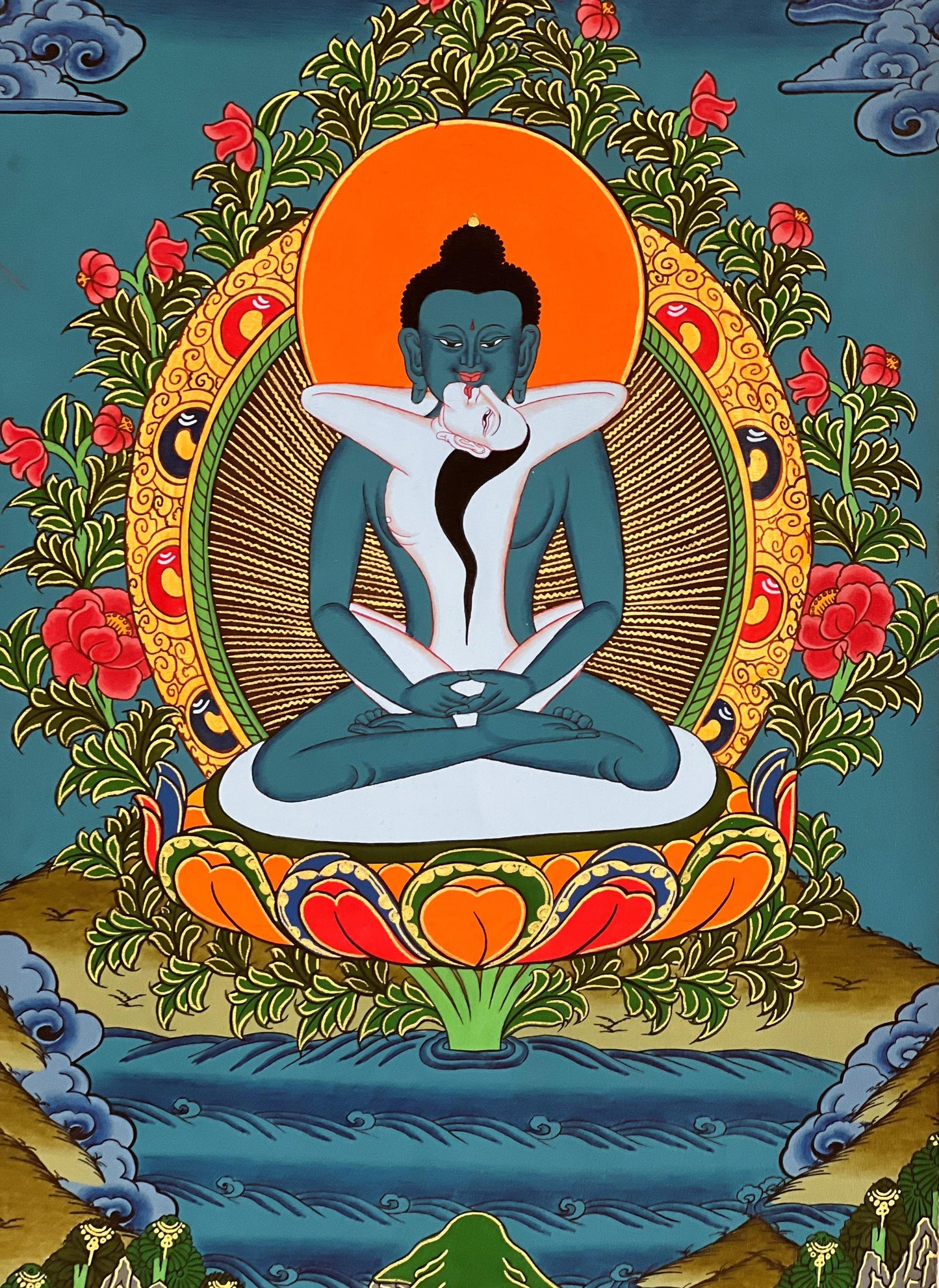 Original Hand-painted Samantabhadra/ Buddha Shakti/ Tantric Buddha Tibetan Thangka Painting With Silk Brocade