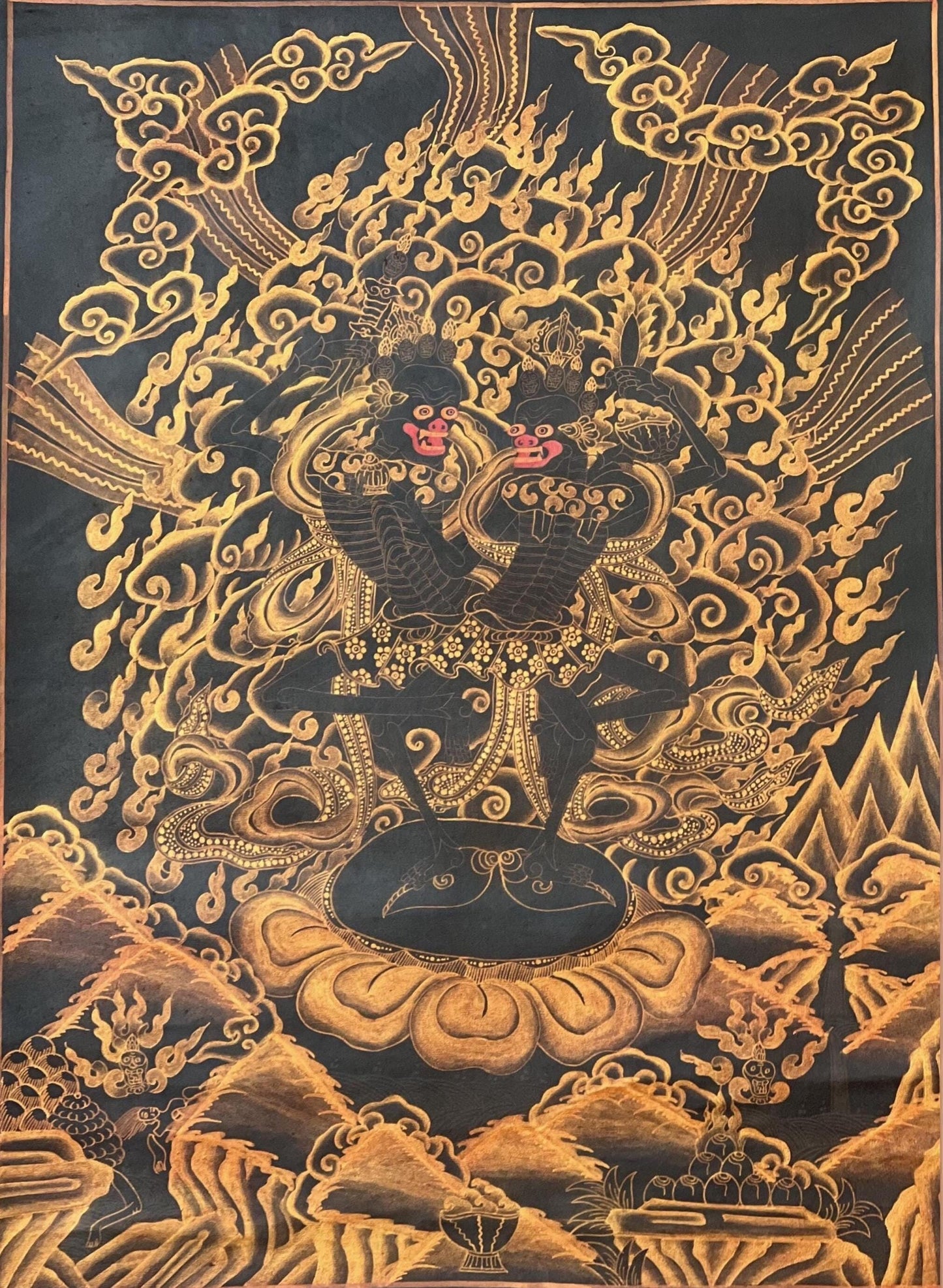 Hand-Painted Citipati Thangka: Black and Gold Vajrayogini Painting