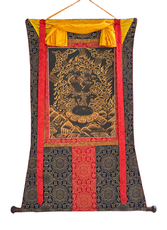 Hand-Painted Citipati Thangka: Black and Gold Vajrayogini Painting