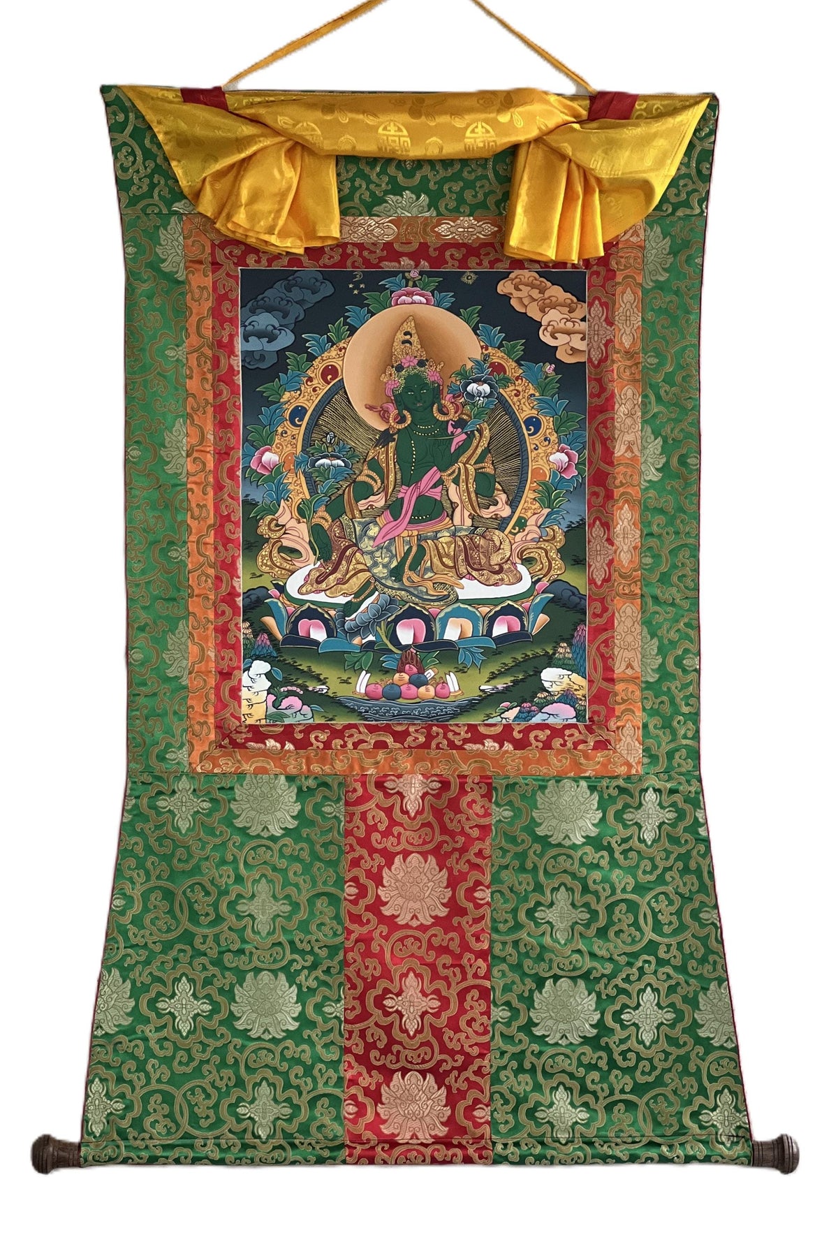 Green Tara Thangka Painting: Original Buddhist Art with Silk Brocade