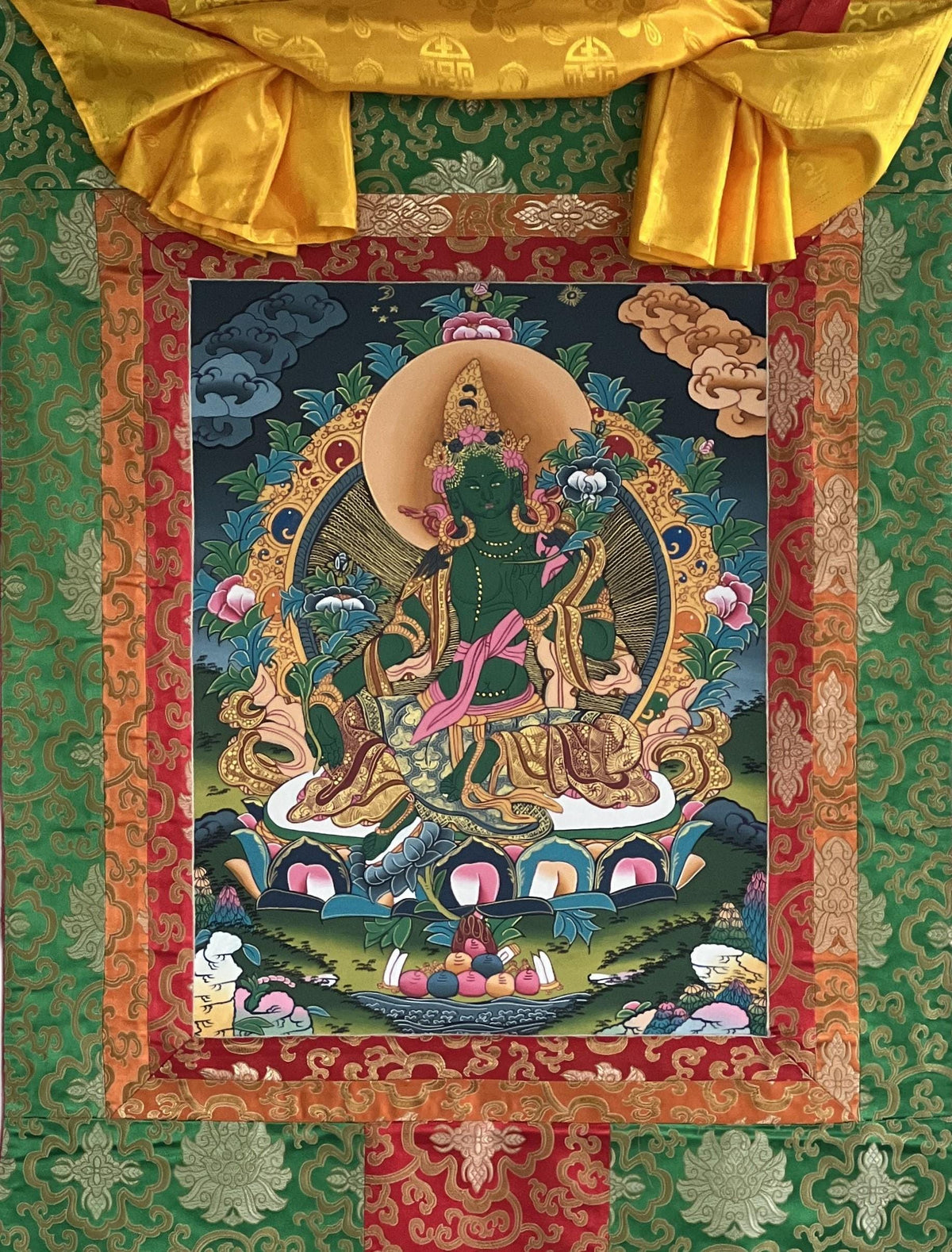 Green Tara Thangka Painting: Original Buddhist Art with Silk Brocade