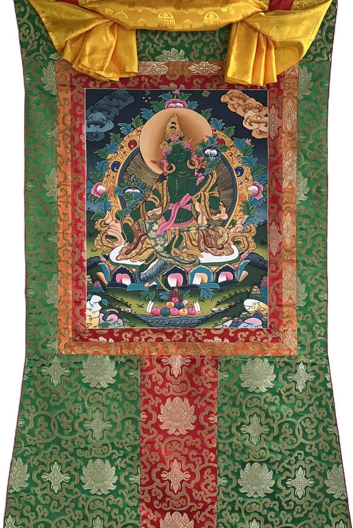 Green Tara Thangka Painting: Original Buddhist Art with Silk Brocade