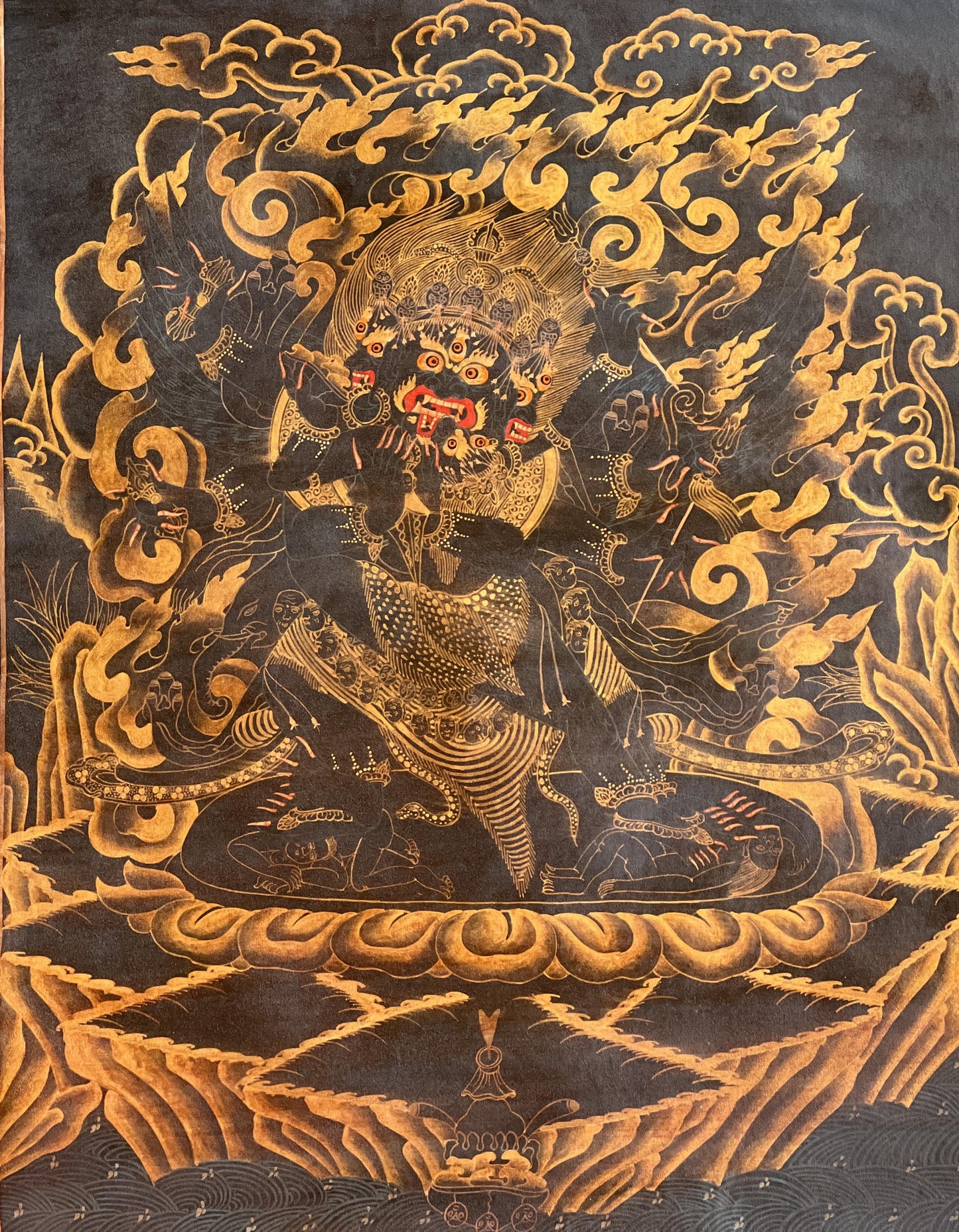 Vajrakilaya Thangka Painting, Black and Gold Tibetan Art with Silk Brocade