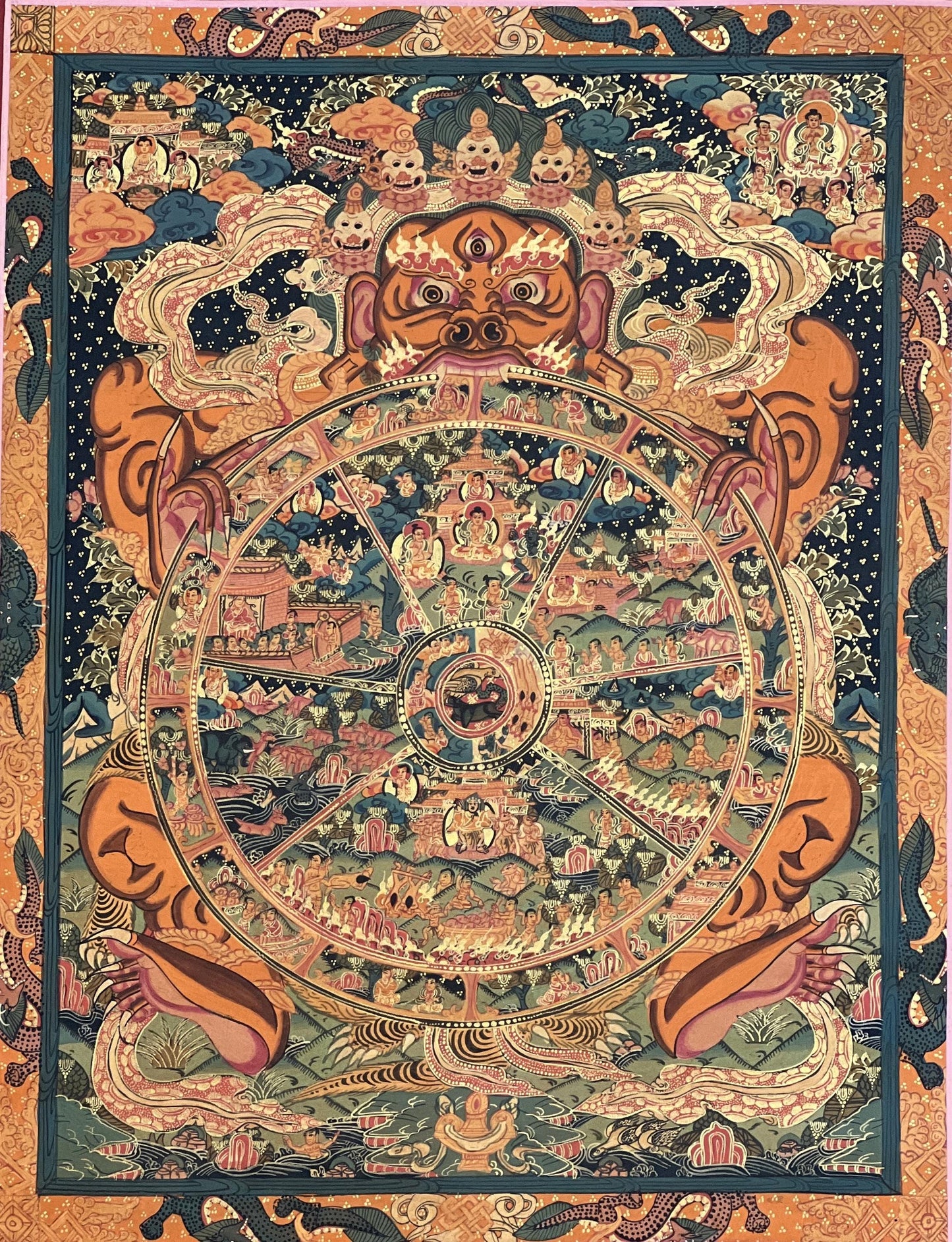 Hand-Painted Wheel of Life Thangka: Tibetan Mandala Painting