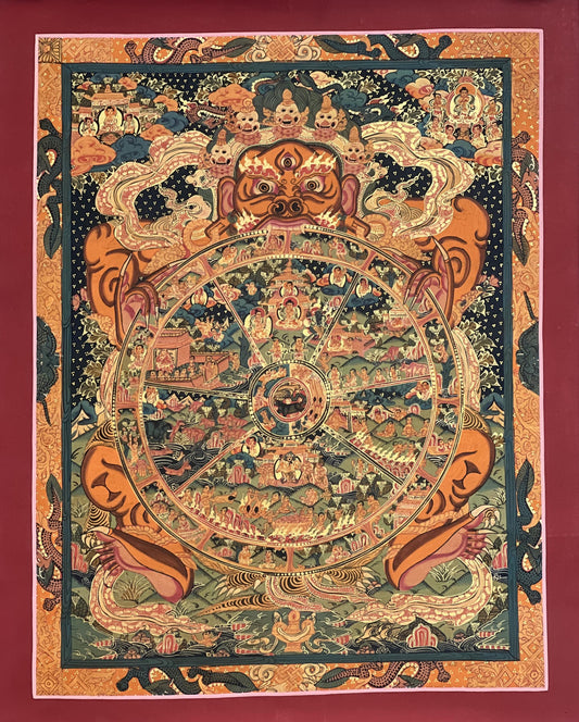 Hand-Painted Wheel of Life Thangka: Tibetan Mandala Painting