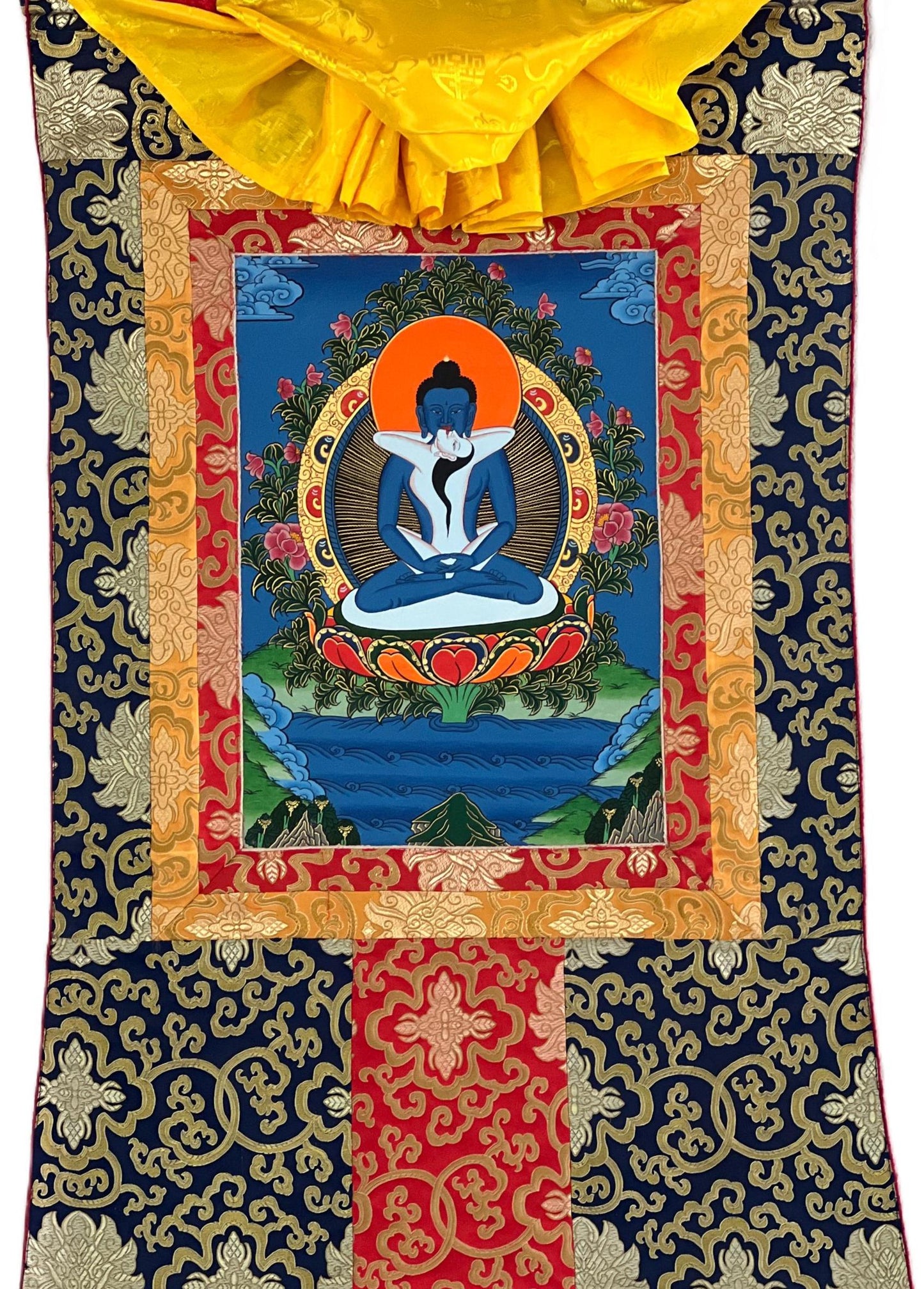 Original Hand-painted Samantabhadra/ Buddha Shakti/ Tantra Buddha Tibetan Thangka Painting with Silk Brocade