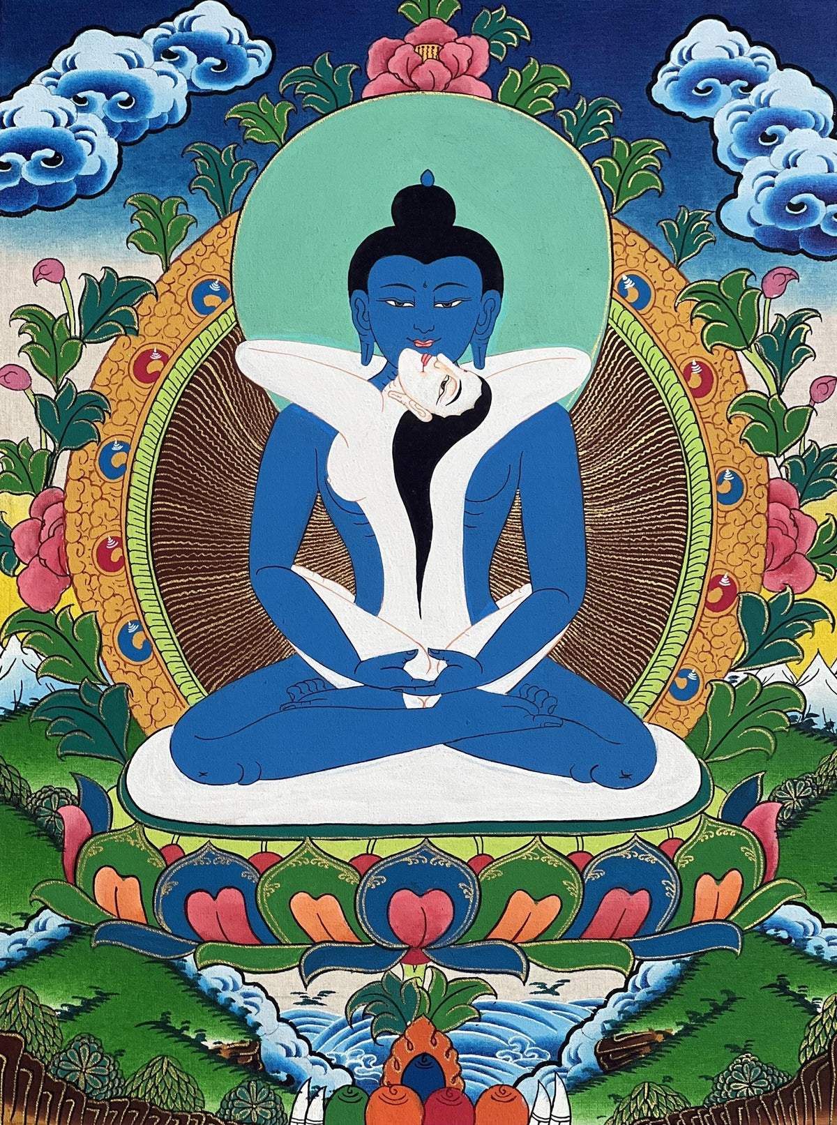Samantabhadra Thangka Painting | Tibetan Buddhist Art on Silk Brocade