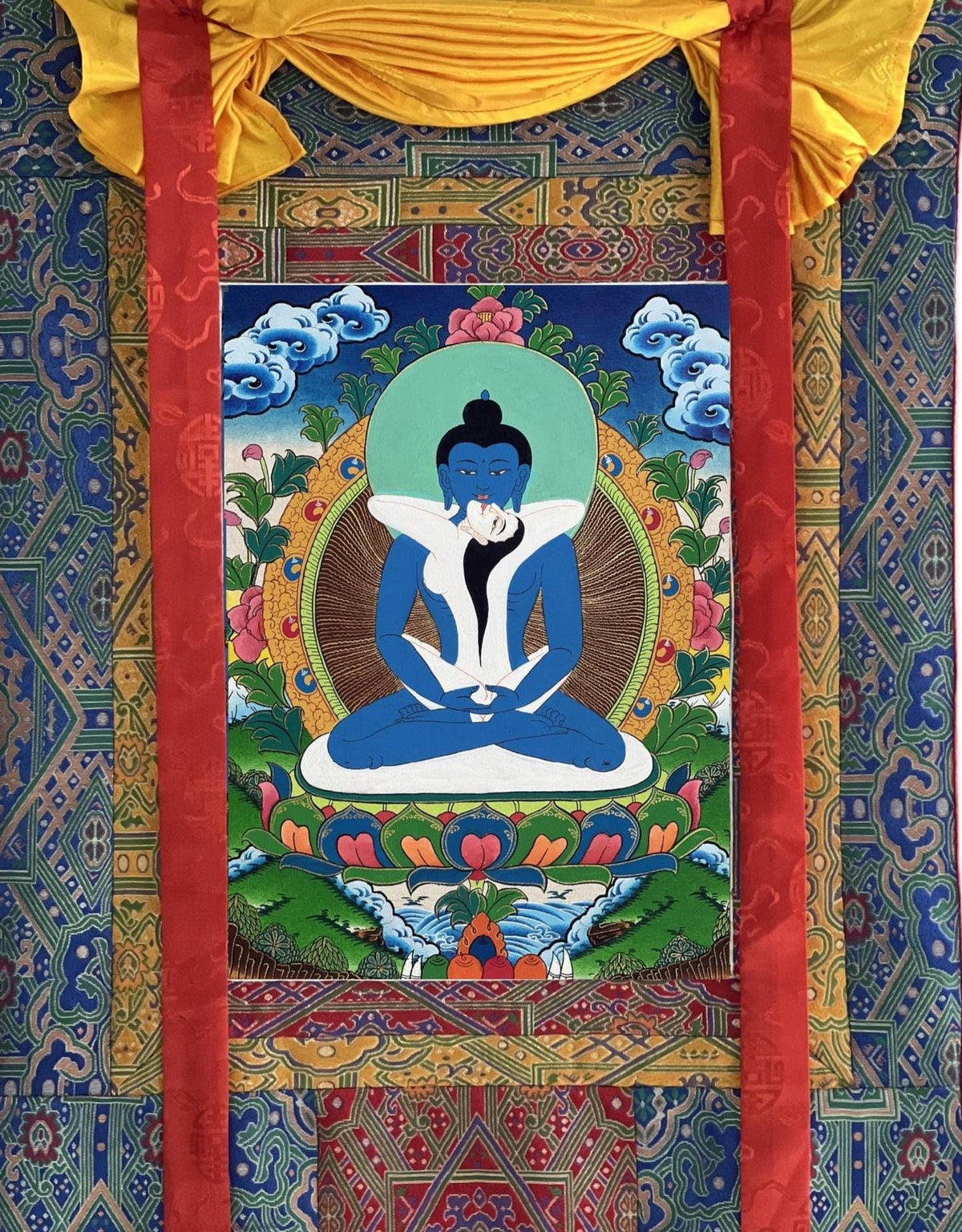 Samantabhadra Thangka Painting | Tibetan Buddhist Art on Silk Brocade