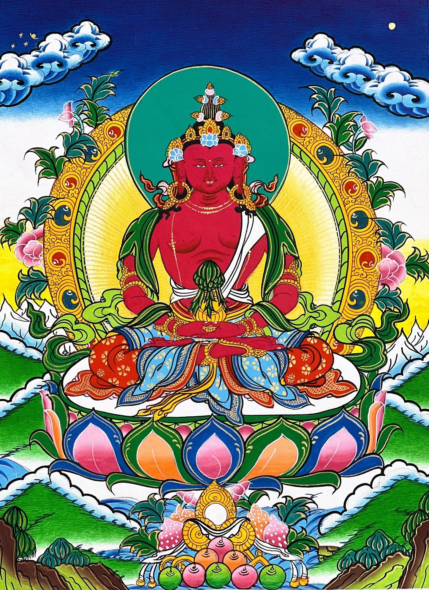 Hand Painted Amitayus Buddha Thangka, Tibetan Silk Wall Hanging