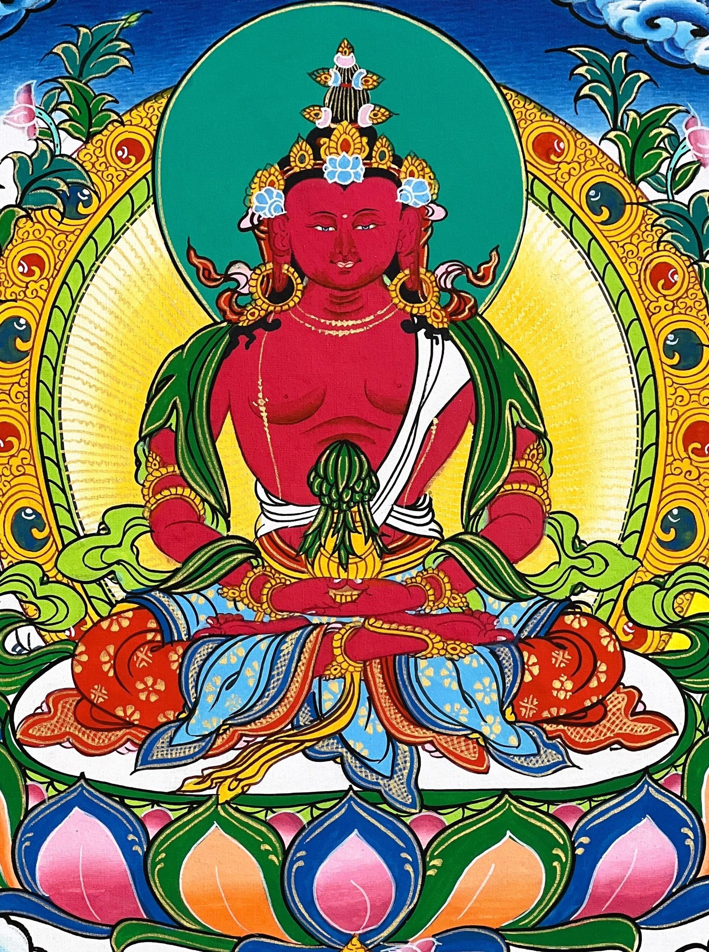 Hand Painted Amitayus Buddha Thangka, Tibetan Silk Wall Hanging