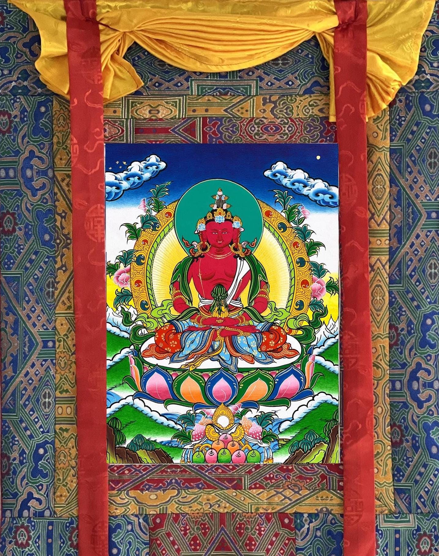 Hand Painted Amitayus Buddha Thangka, Tibetan Silk Wall Hanging