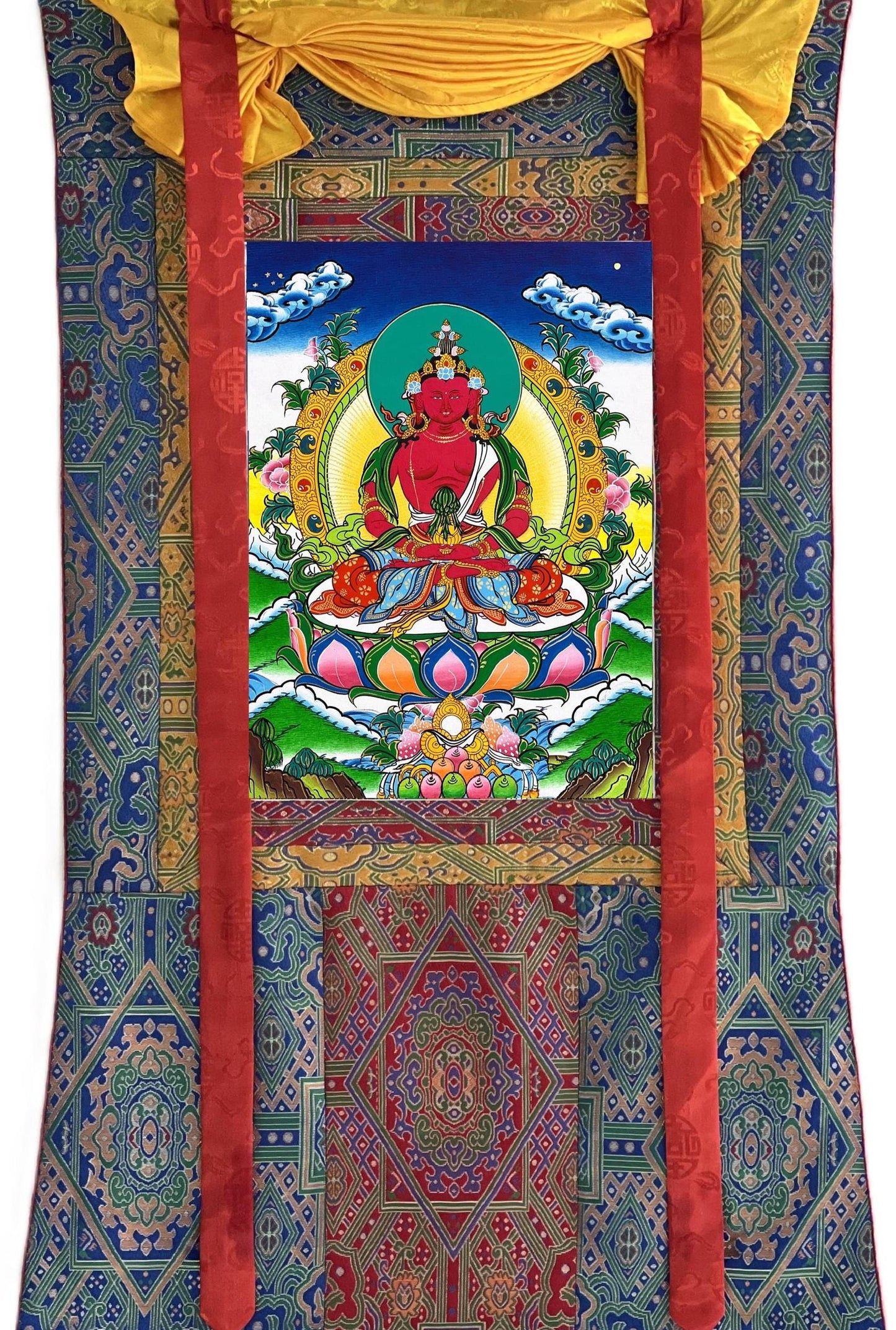 Hand Painted Amitayus Buddha Thangka, Tibetan Silk Wall Hanging