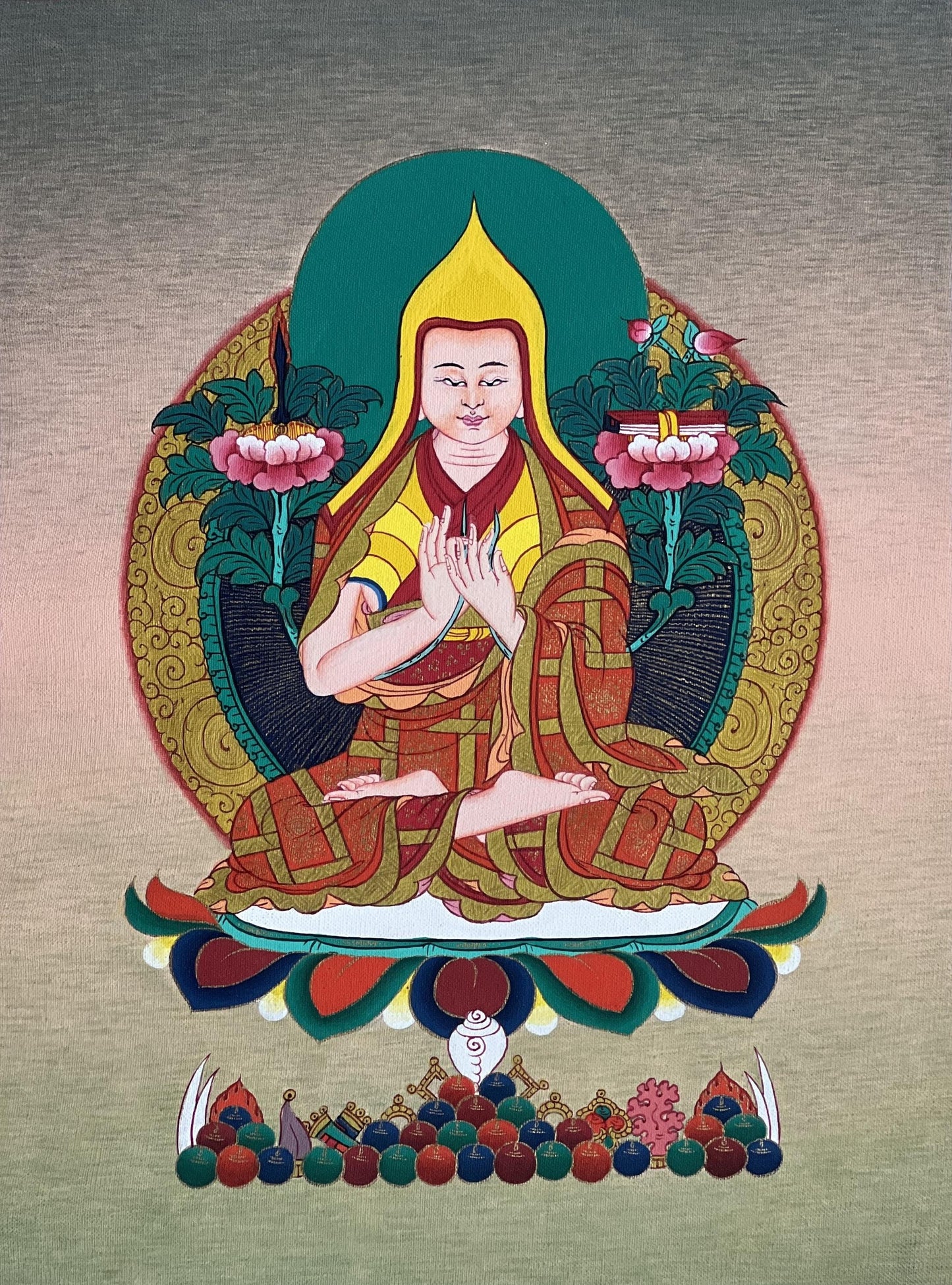 Hand-Painted Tsongkhapa Thangka – Gold Tibetan Art with Silk Brocade