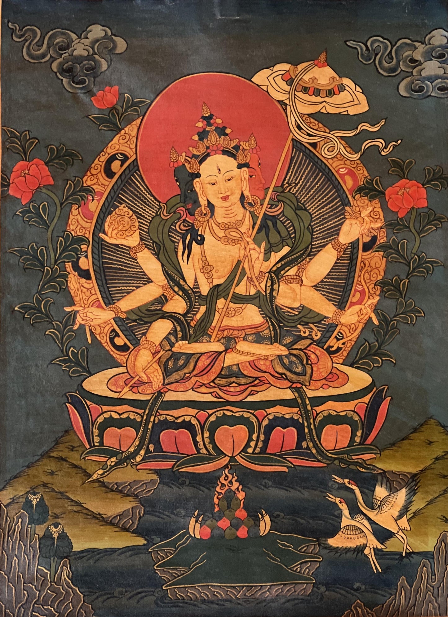 Ushnisha Sitatapatra Thangka Painting: Old Oil Varnished Tibetan Art with Silk Brocade