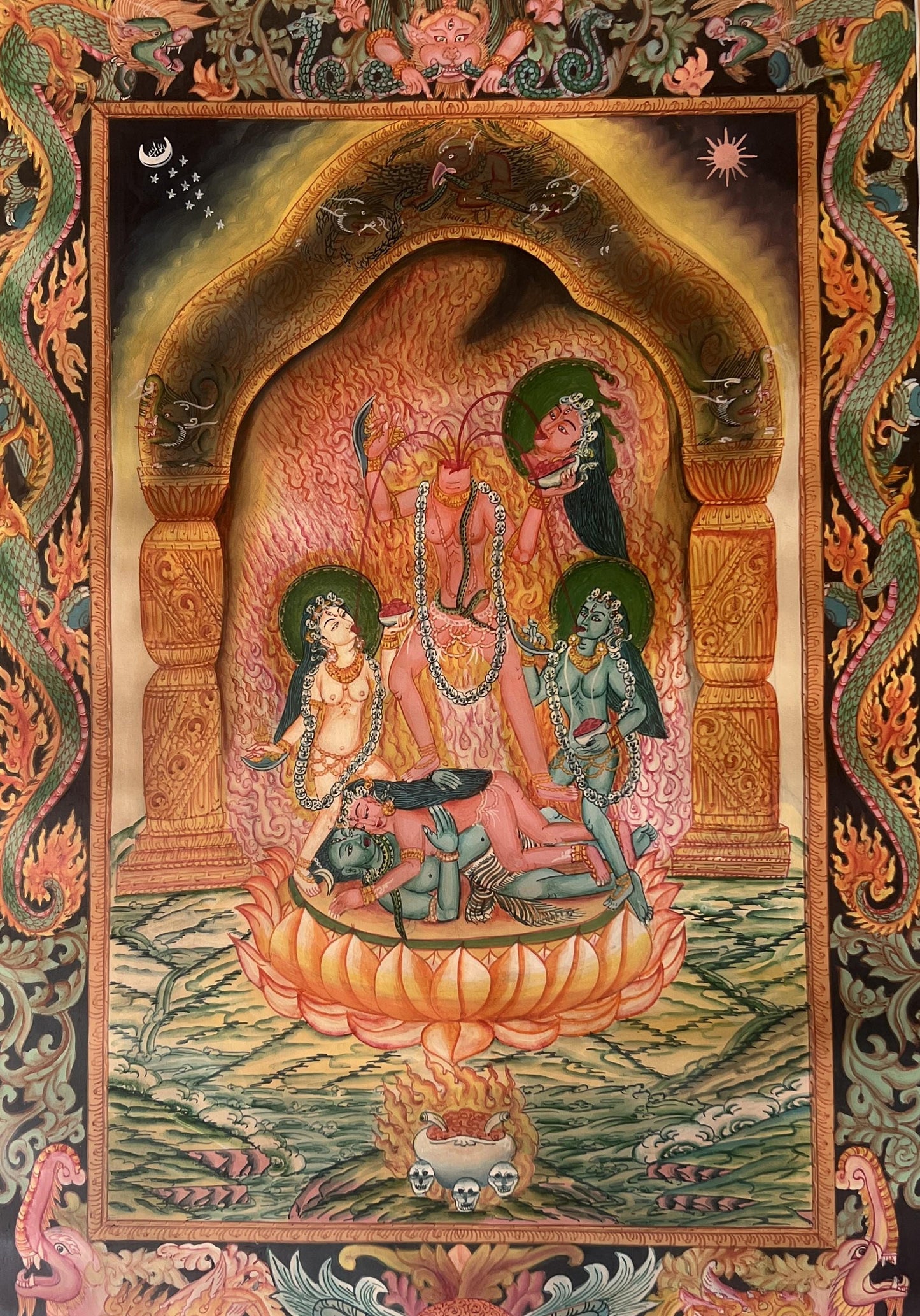 Chhinnamasta Thangka Painting – Original Hand-Painted Hindu Buddhist Art | Mahavidya Goddess | Sacred Tantric Masterpiece | Semi-Old