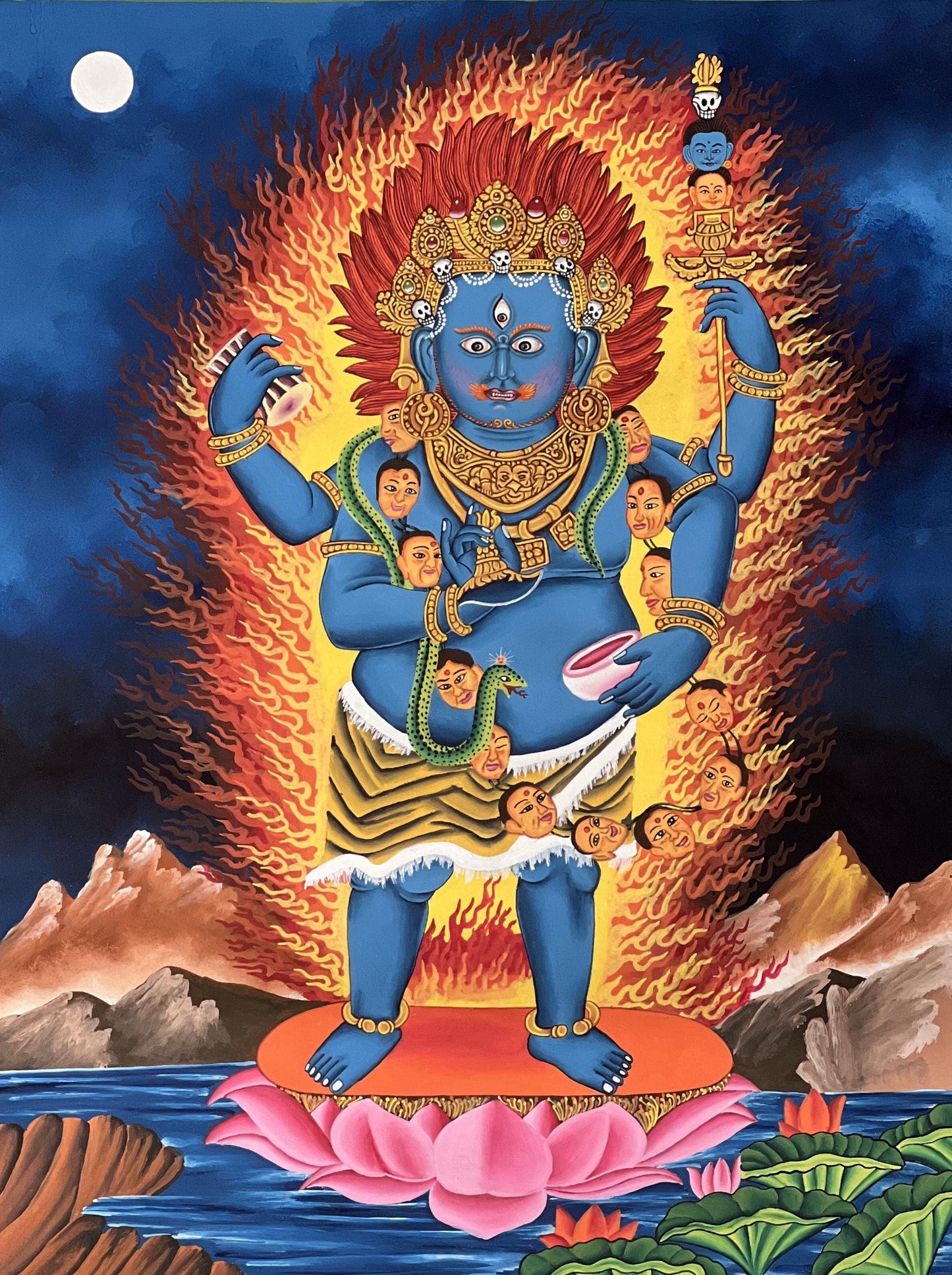Hand-Painted Mahakala Thangka – Newari Paubha, Silk Brocade