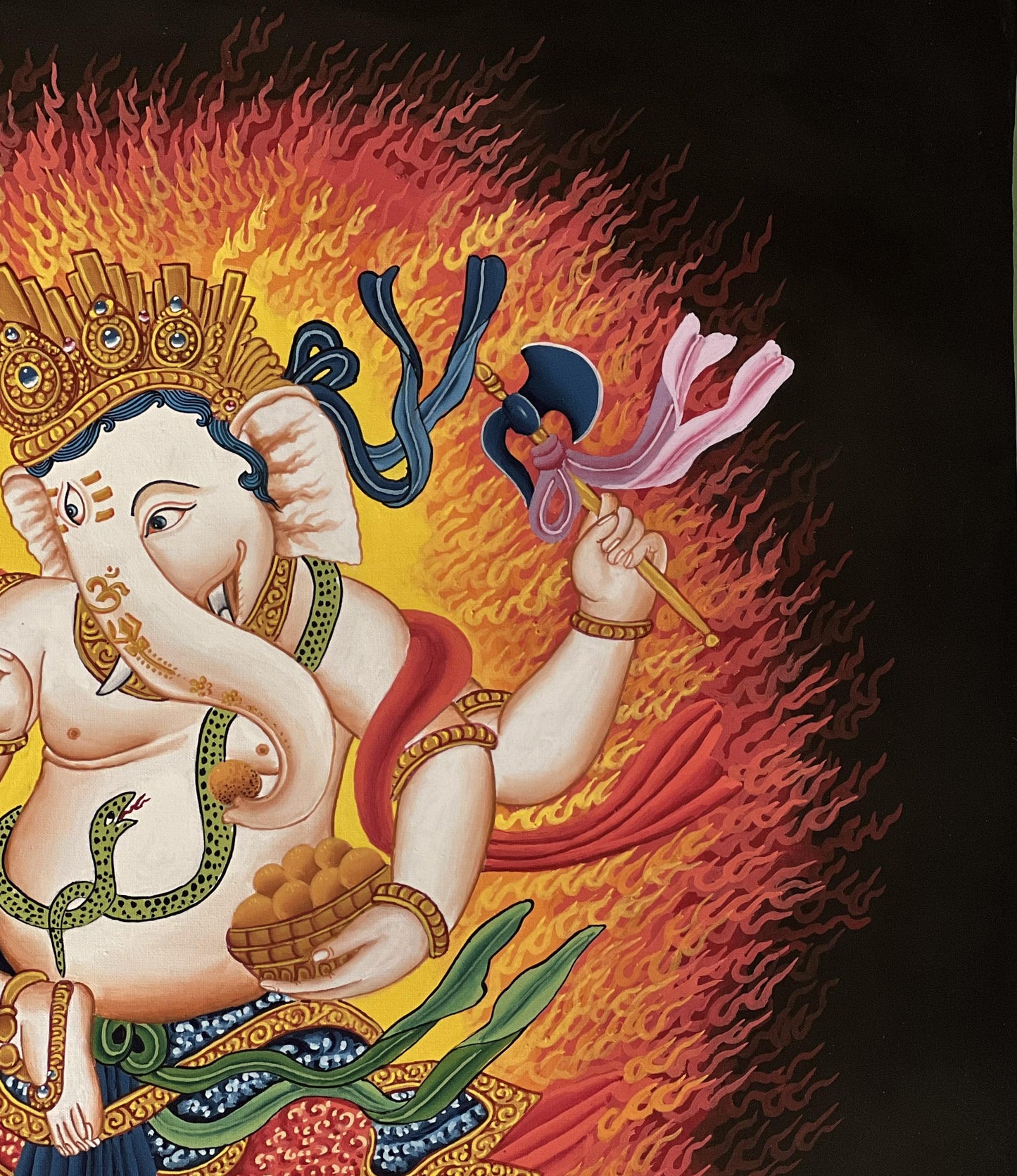 Hand-painted Newari Ganesha Thangka Painting with Silk Brocade