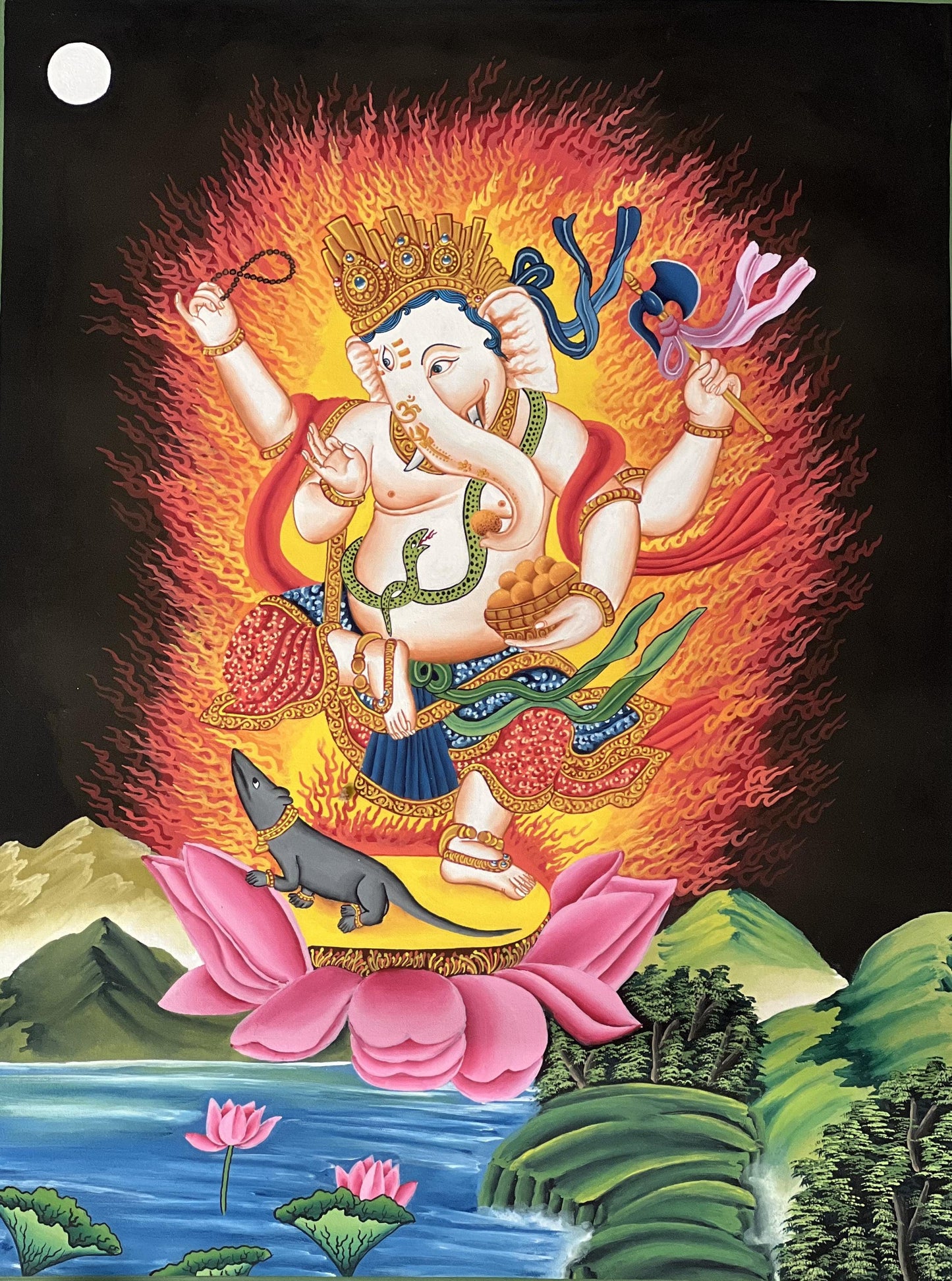 Hand-painted Newari Ganesha Thangka Painting with Silk Brocade